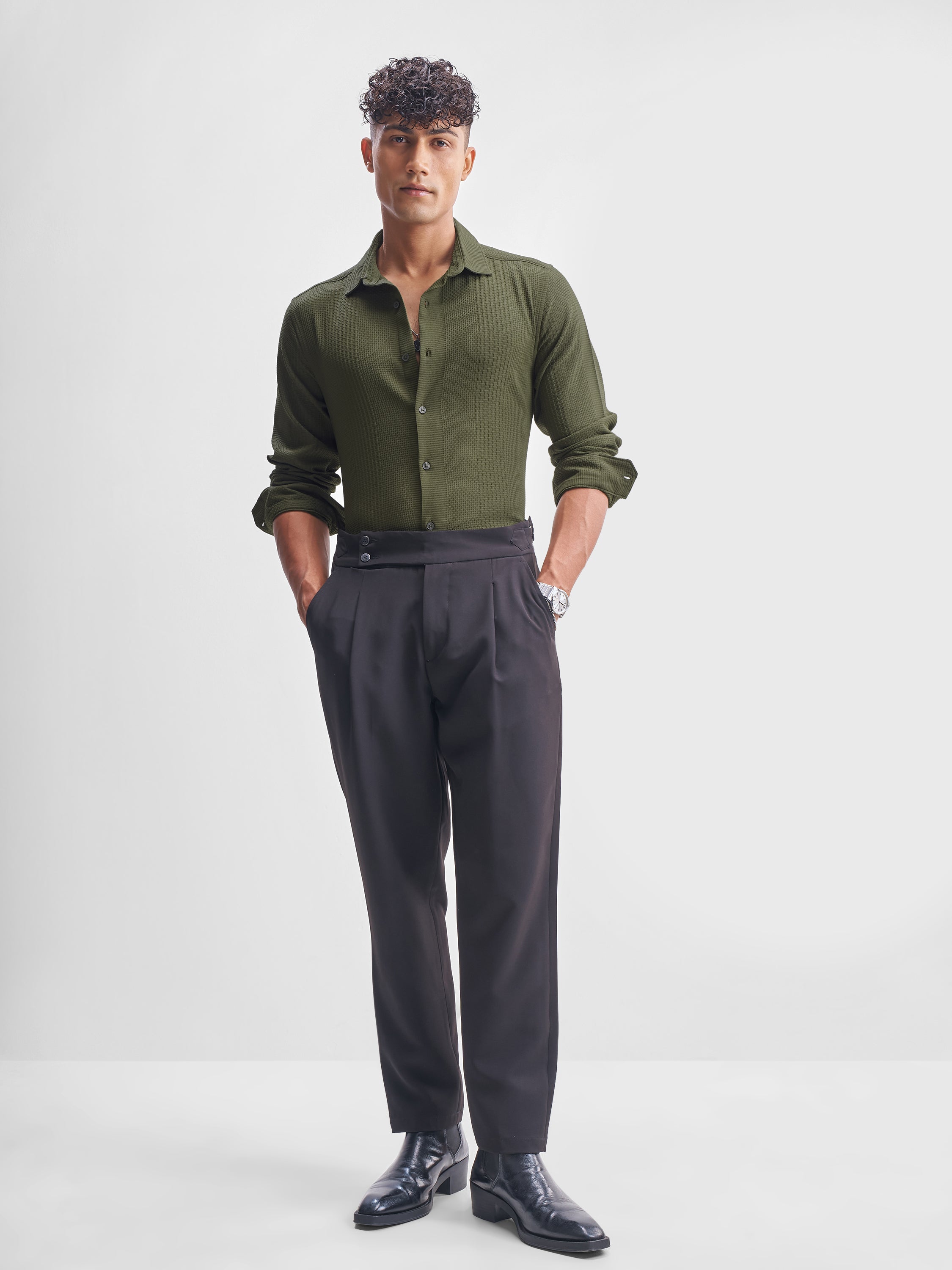 Highlander Men Olive Self Design Slim Fit Casual Shirt - Olive - Image 2
