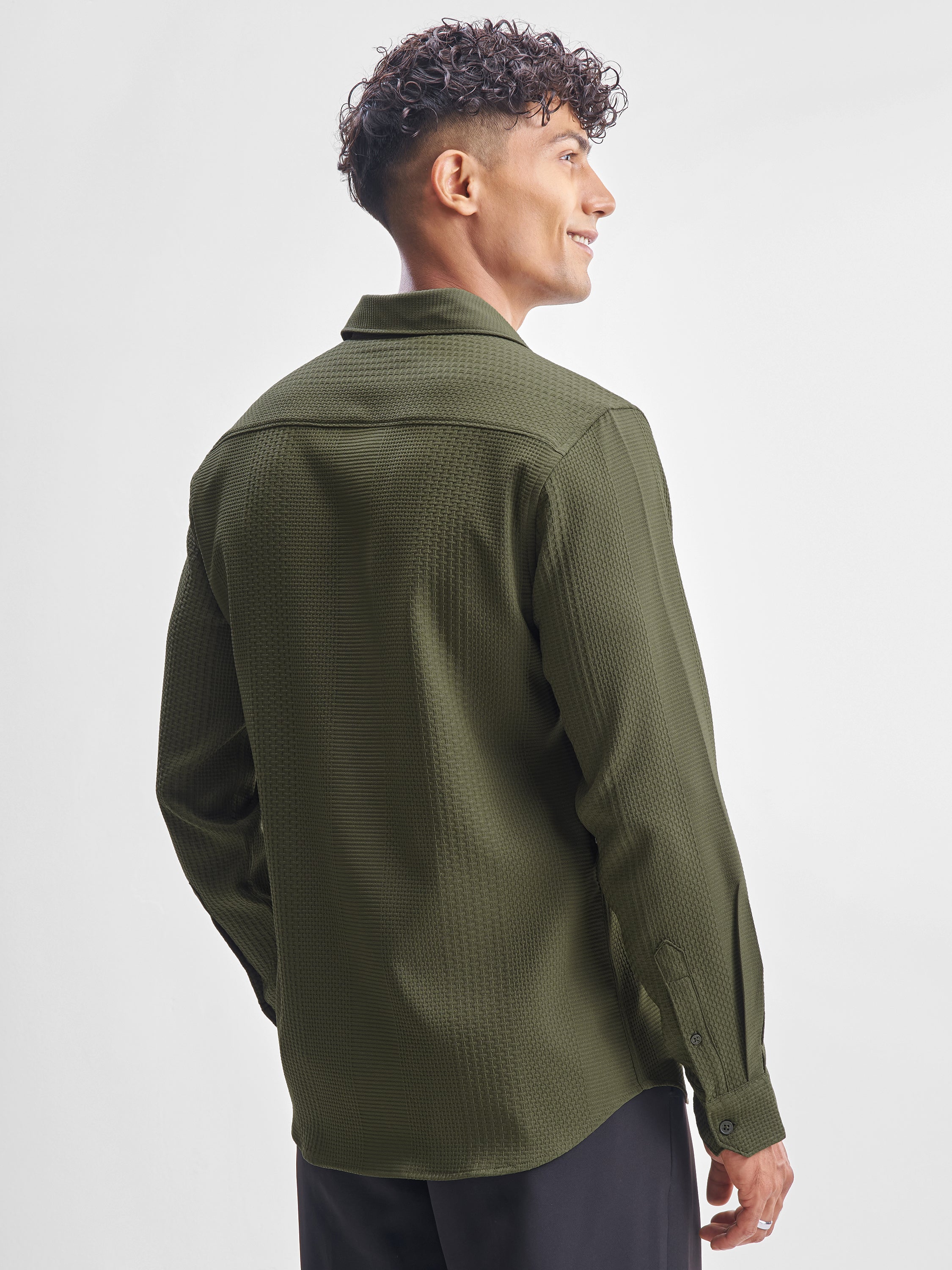 Highlander Men Olive Self Design Slim Fit Casual Shirt - Olive - Image 3