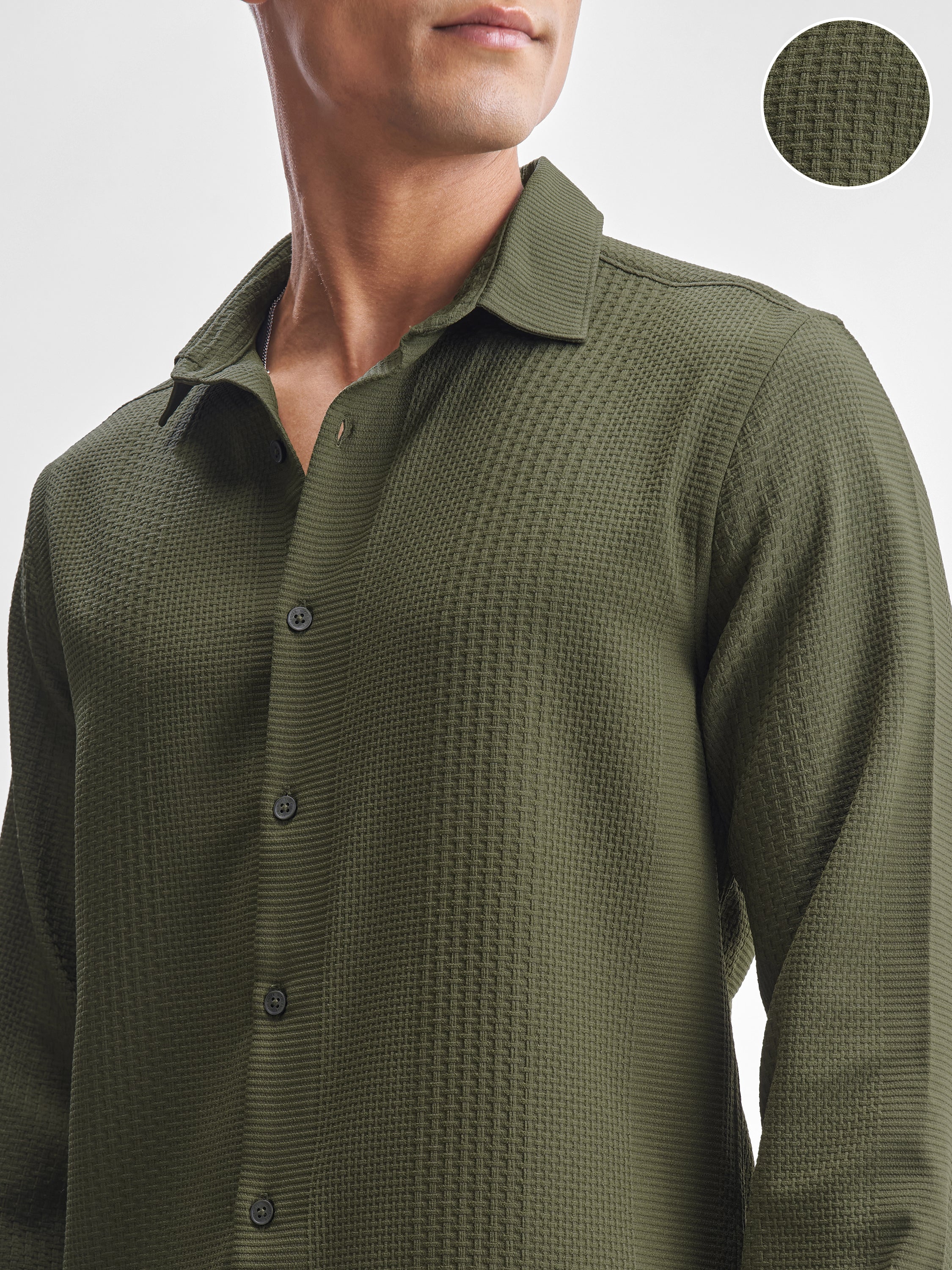 Highlander Men Olive Self Design Slim Fit Casual Shirt - Olive - Image 5