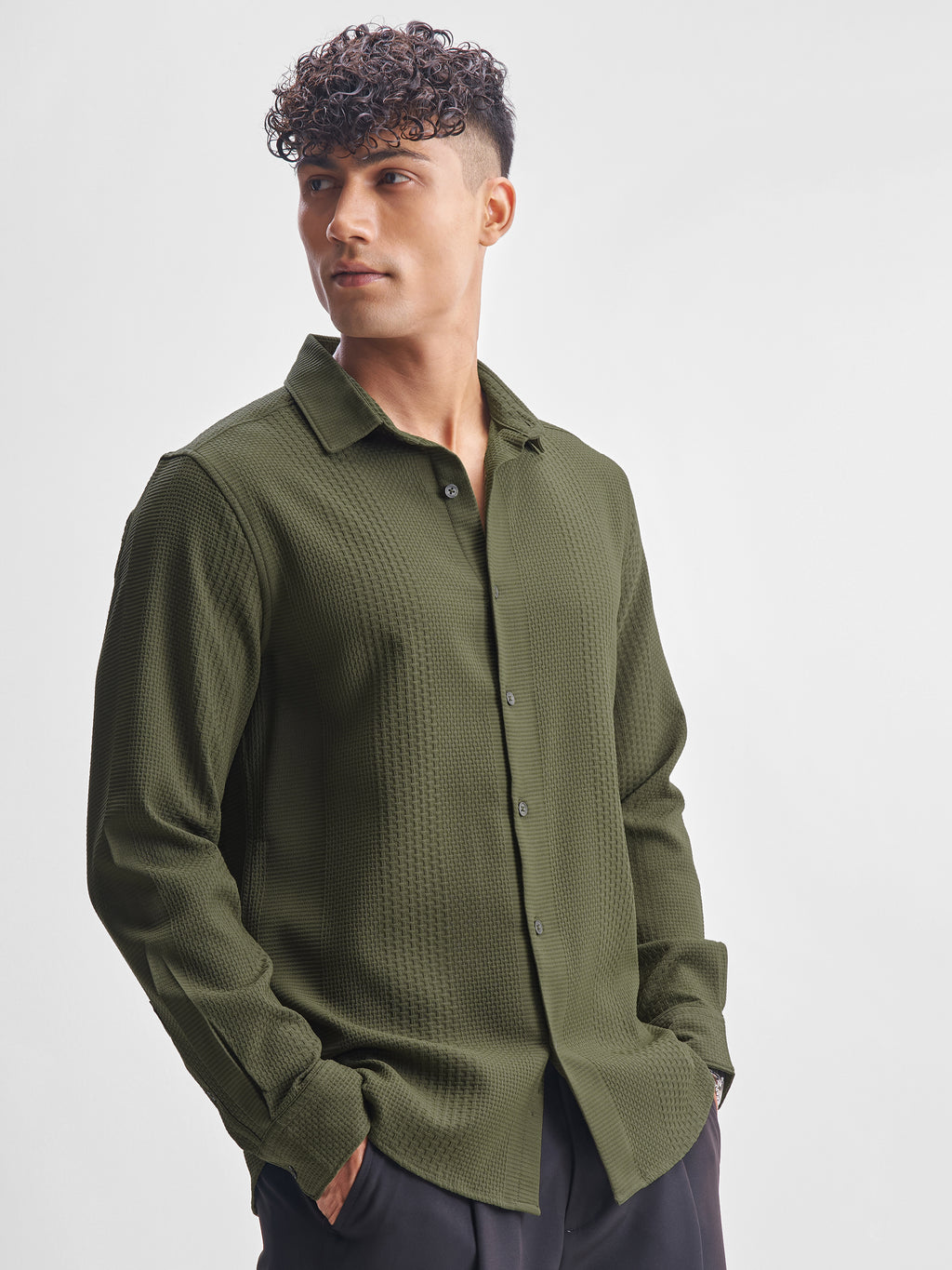 Highlander Men Olive Self Design Slim Fit Casual Shirt - Olive - Image 6