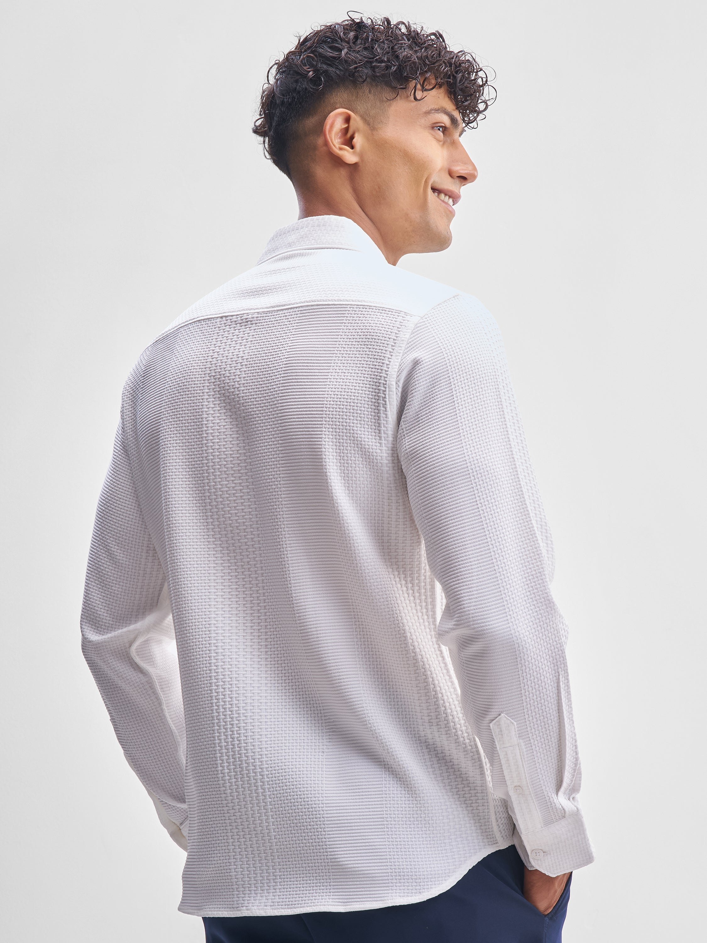Highlander Men White Self Design Slim Fit Casual Shirt - White - Image 3