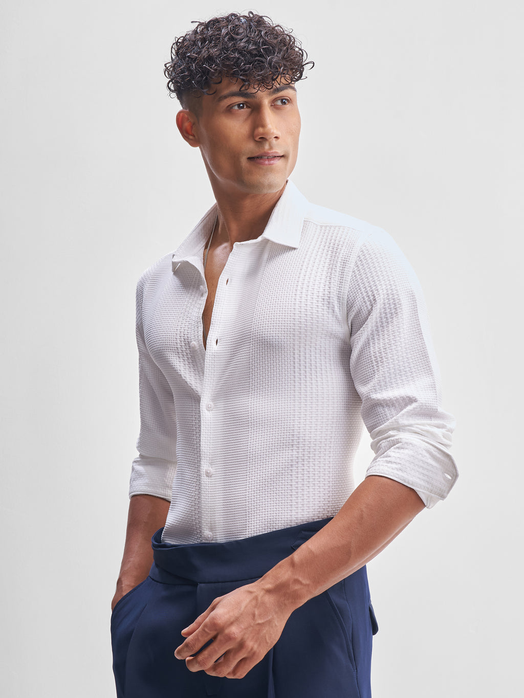 Highlander Men White Self Design Slim Fit Casual Shirt - White - Image 4