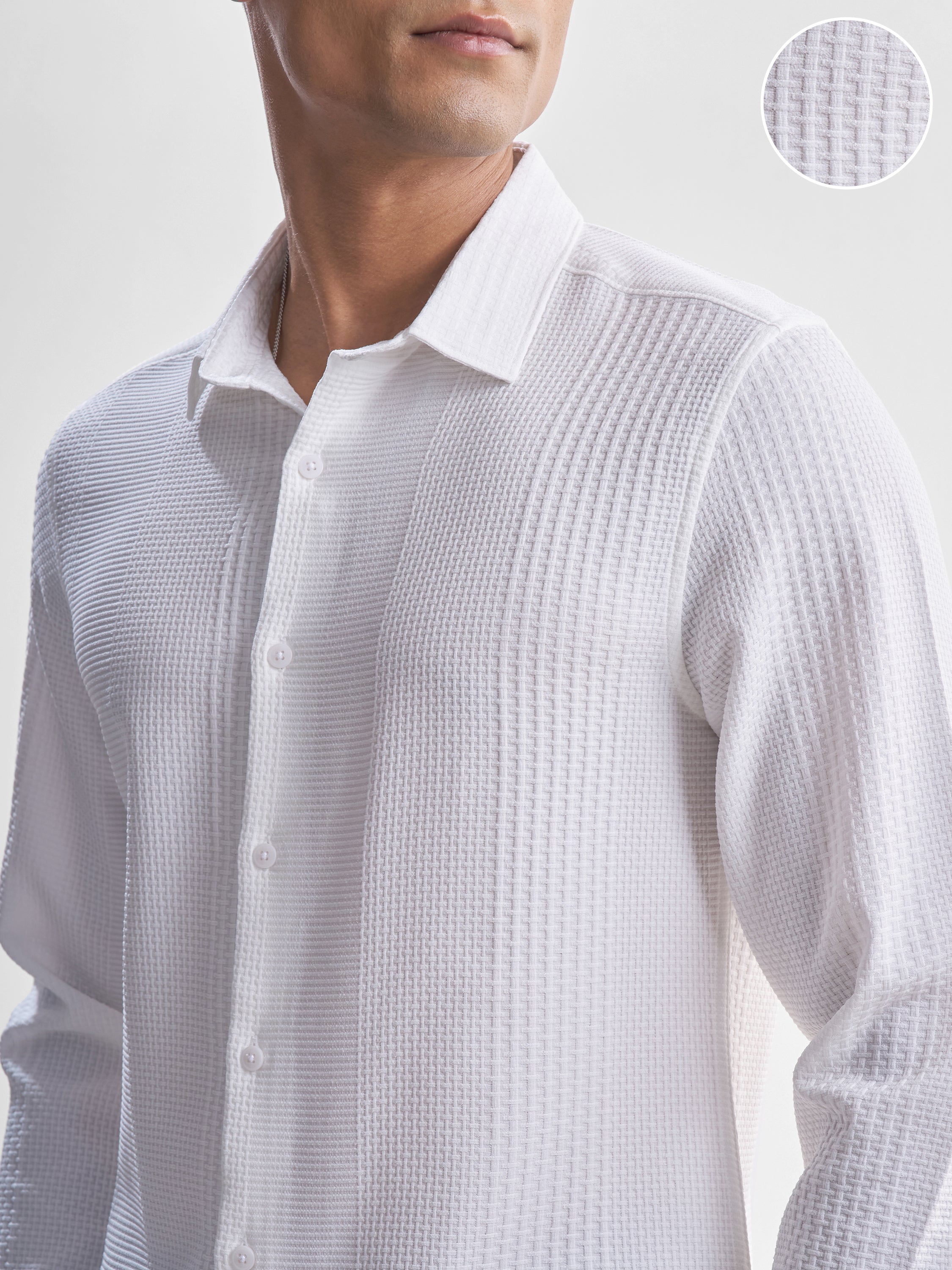 Highlander Men White Self Design Slim Fit Casual Shirt - White - Image 5