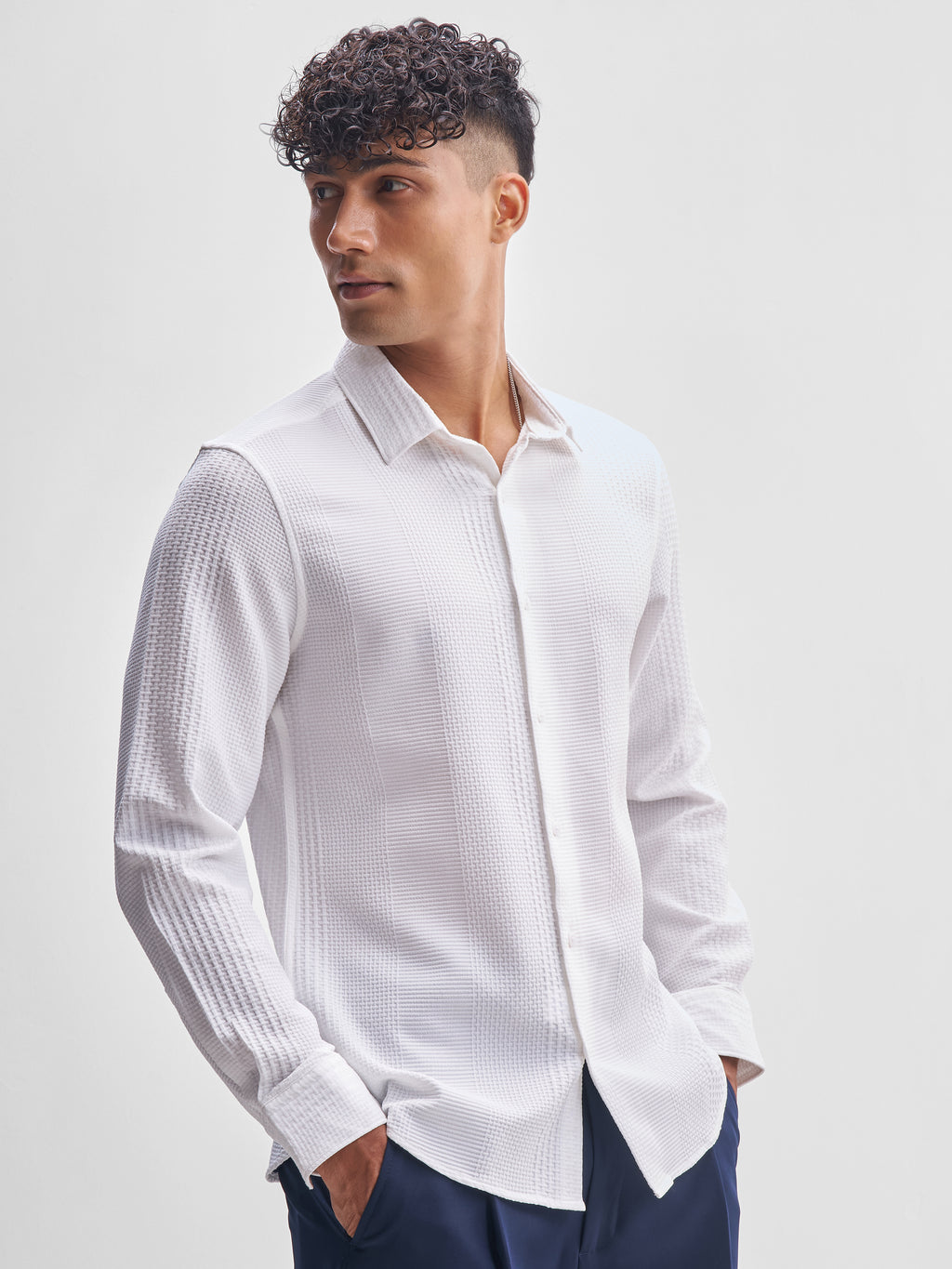 Highlander Men White Self Design Slim Fit Casual Shirt - White - Image 6