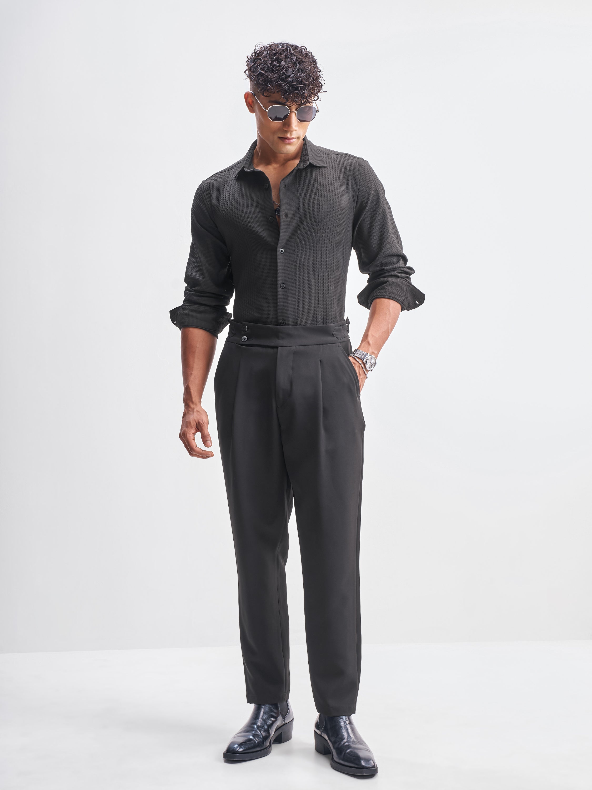 Highlander Men Black Self Design Slim Fit Casual Shirt - Black - Image 2