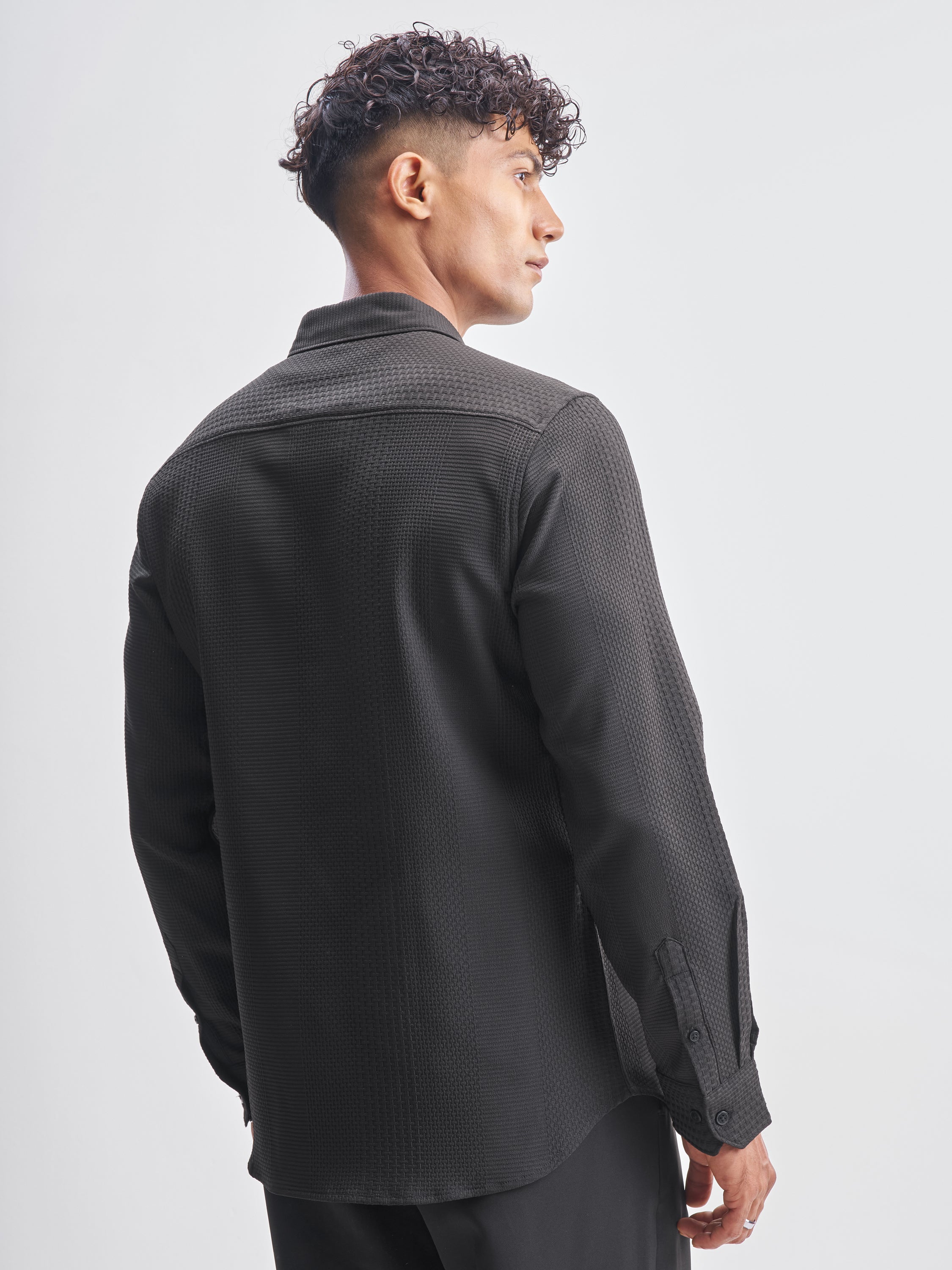 Highlander Men Black Self Design Slim Fit Casual Shirt - Black - Image 3