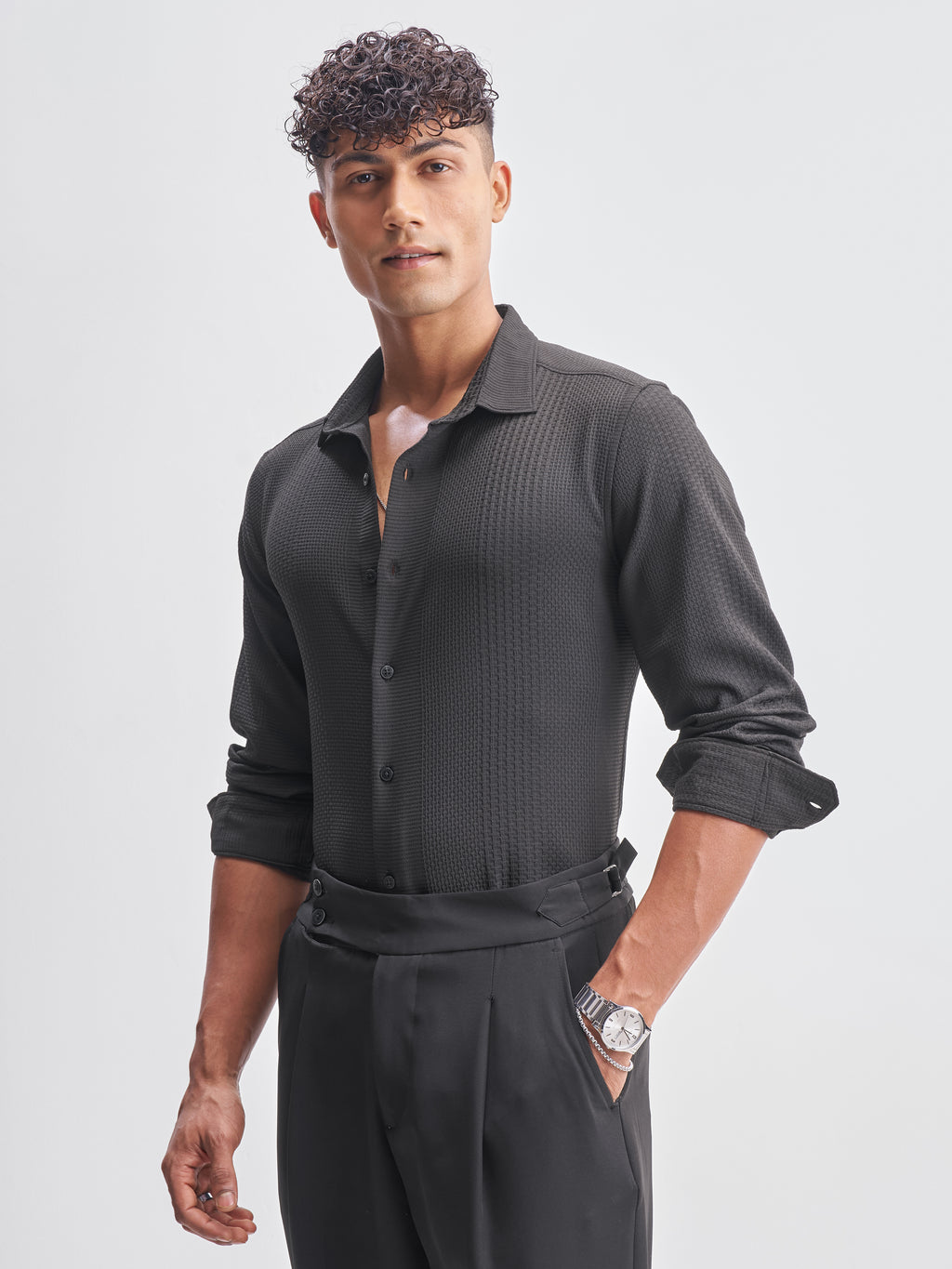 Highlander Men Black Self Design Slim Fit Casual Shirt - Black - Image 4