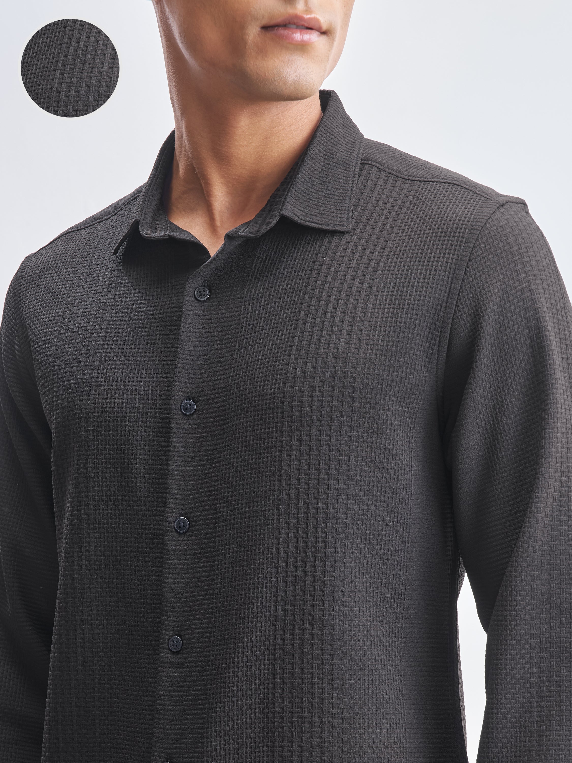 Highlander Men Black Self Design Slim Fit Casual Shirt - Black - Image 5