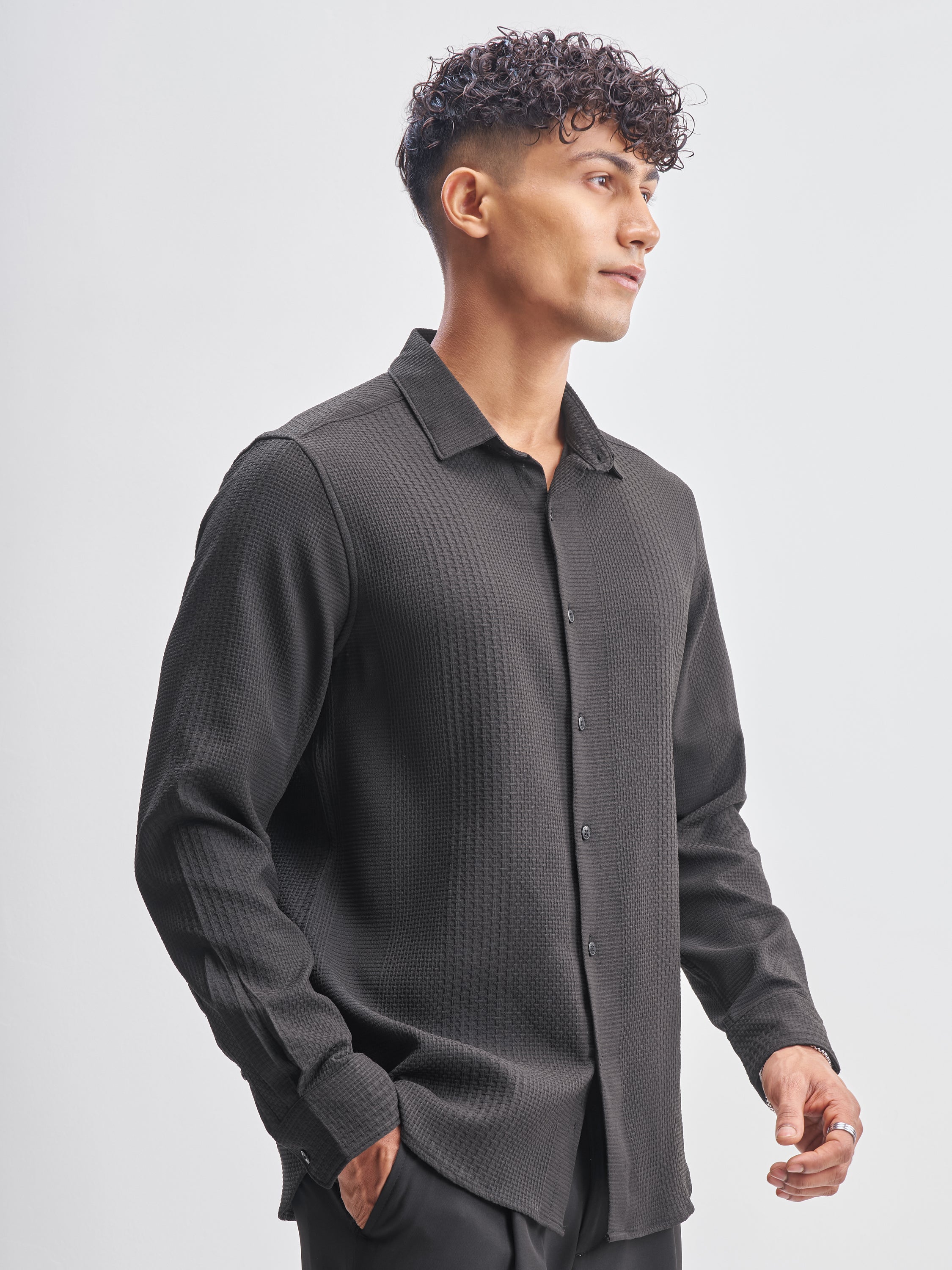 Highlander Men Black Self Design Slim Fit Casual Shirt - Black - Image 6