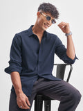 Highlander Men Navy Blue Self Design Slim Fit Casual Shirt - Navy Blue - Image 1