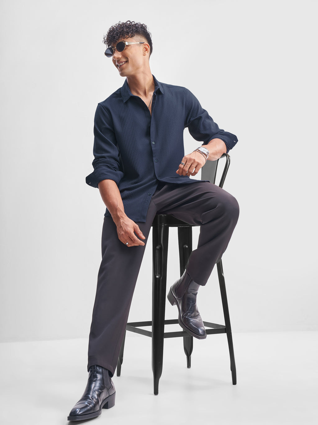 Highlander Men Navy Blue Self Design Slim Fit Casual Shirt - Navy Blue - Image 2