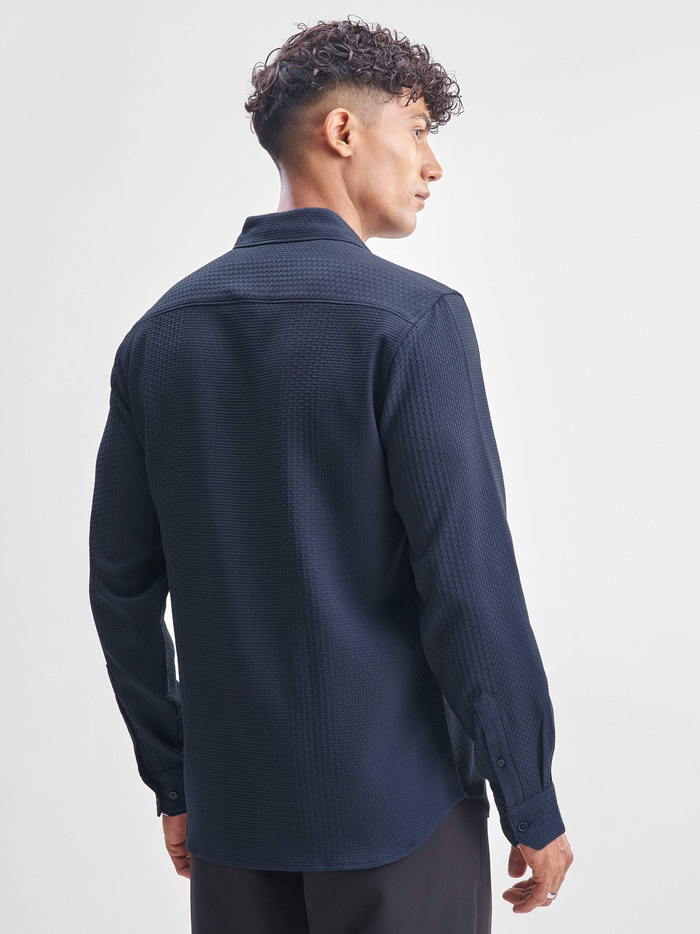Highlander Men Navy Blue Self Design Slim Fit Casual Shirt - Navy Blue - Image 3