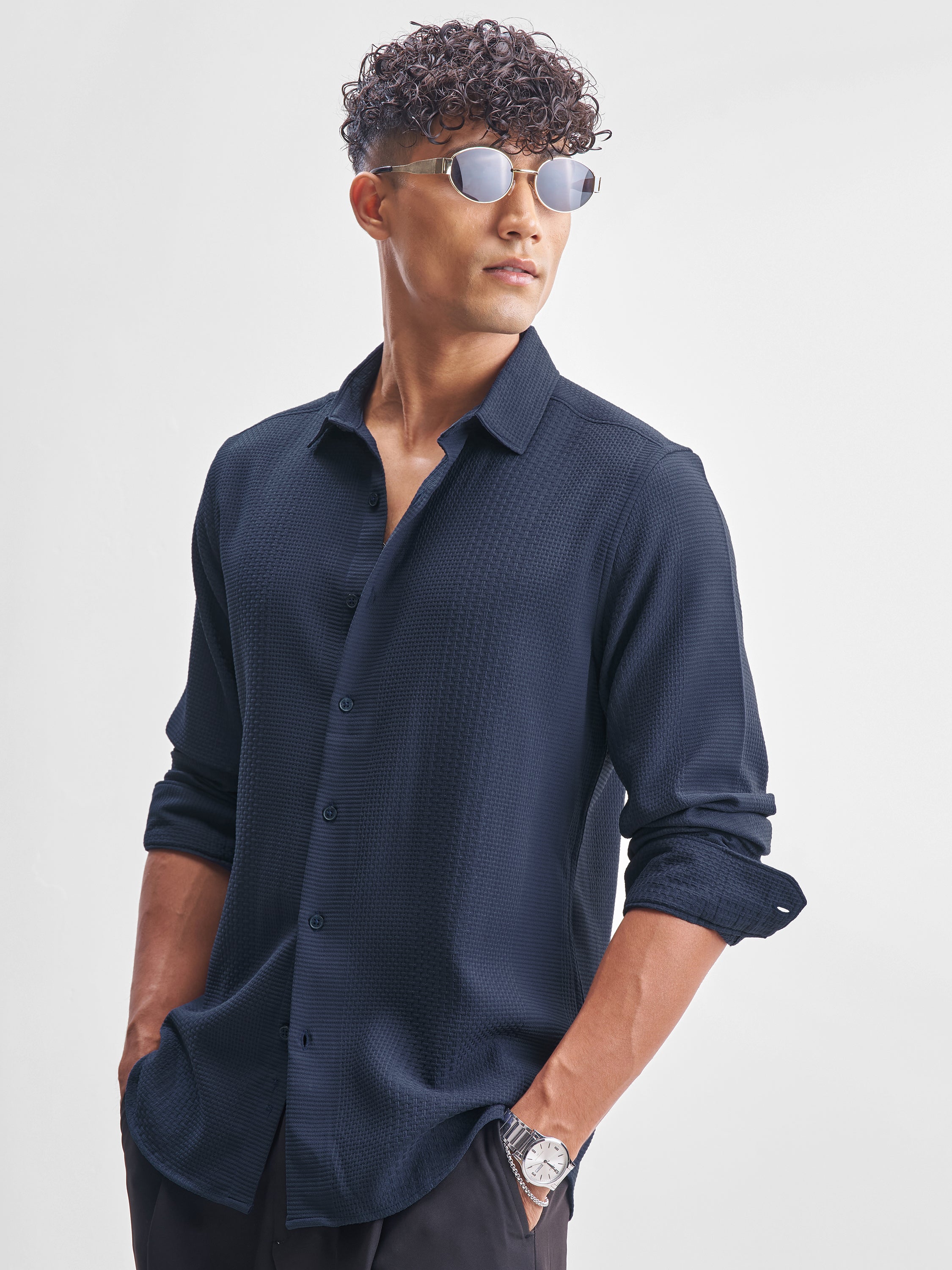 Highlander Men Navy Blue Self Design Slim Fit Casual Shirt - Navy Blue - Image 4