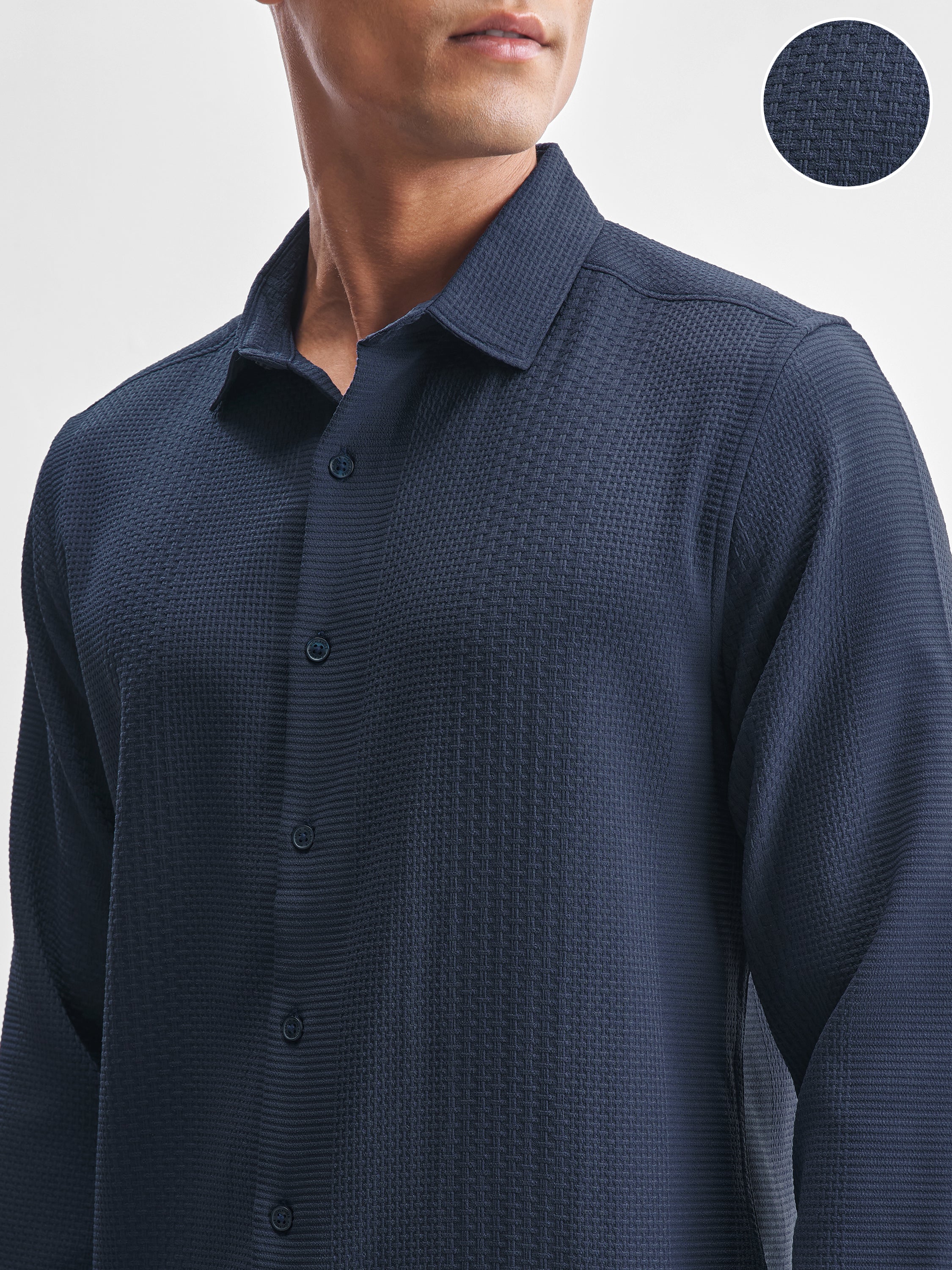 Highlander Men Navy Blue Self Design Slim Fit Casual Shirt - Navy Blue - Image 5