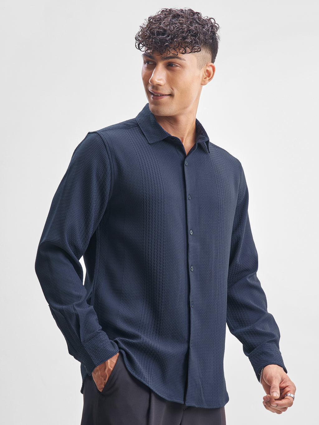 Highlander Men Navy Blue Self Design Slim Fit Casual Shirt - Navy Blue - Image 6