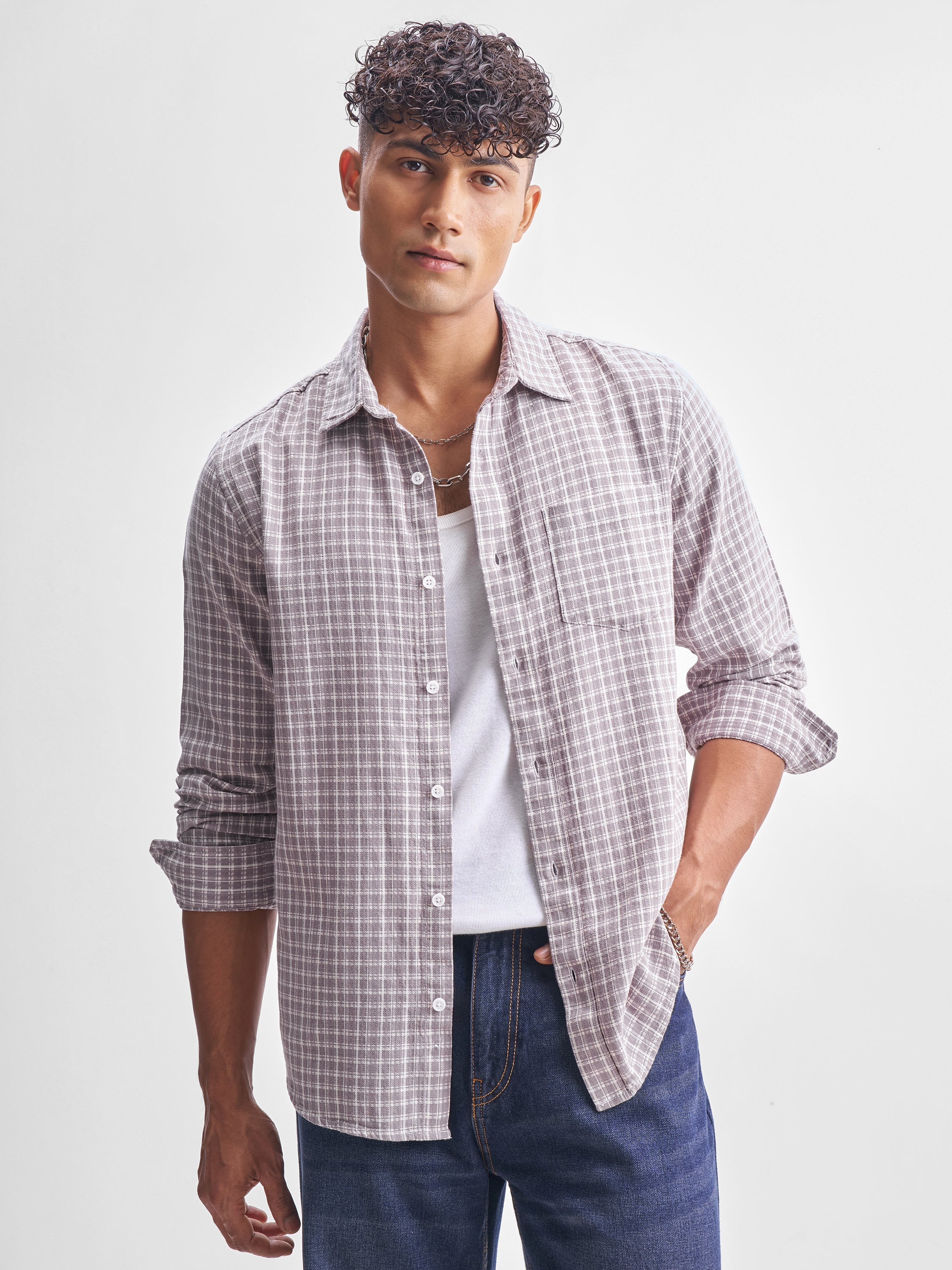 Highlander Men Cream Checked Slim Fit Casual Shirt - Cream - Image 1
