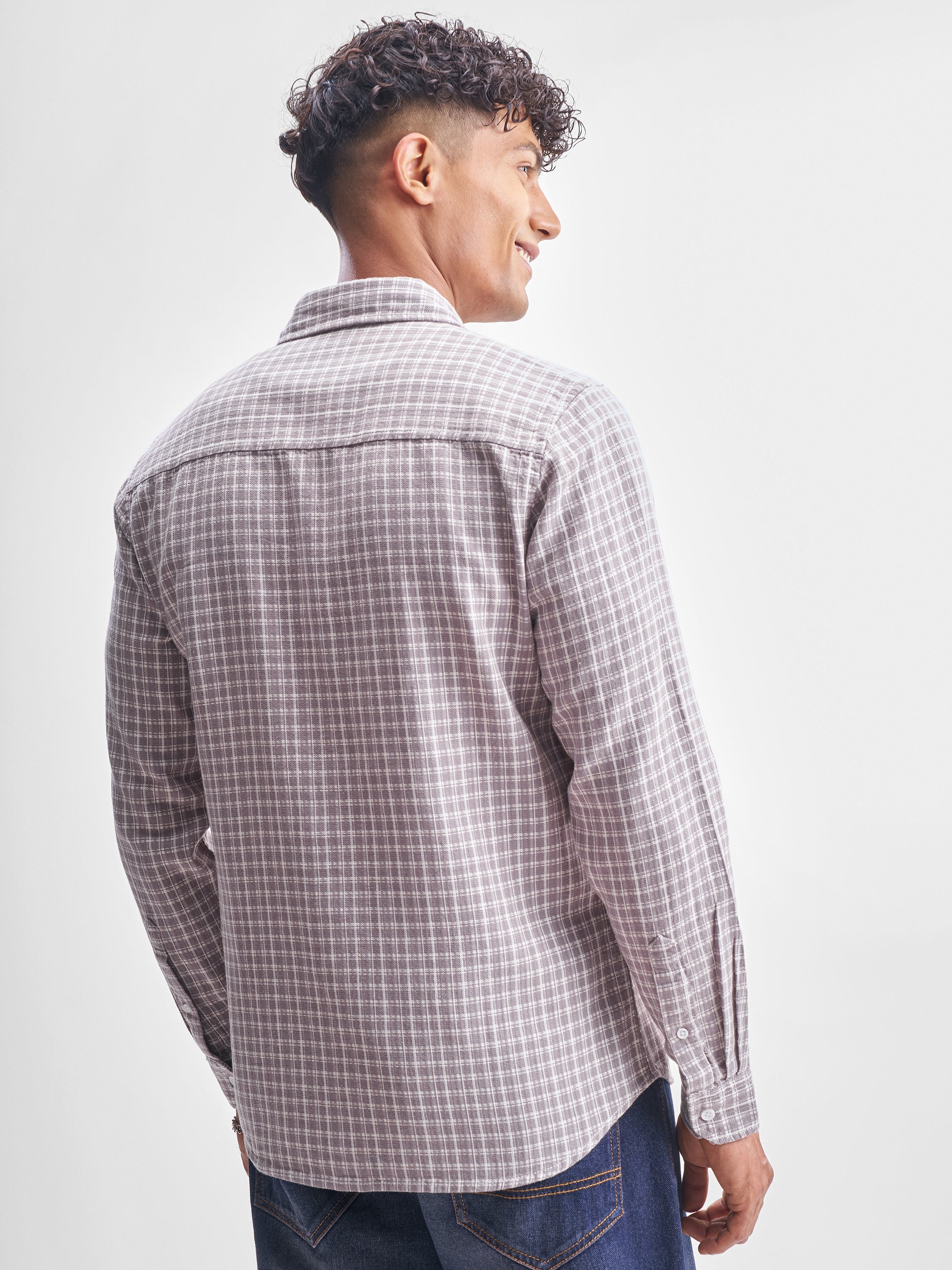 Highlander Men Cream Checked Slim Fit Casual Shirt - Cream - Image 3