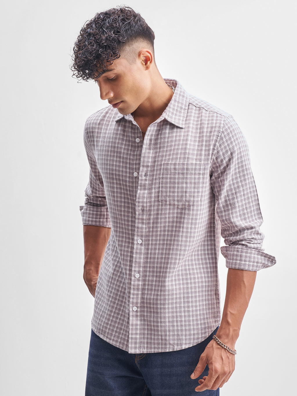 Highlander Men Cream Checked Slim Fit Casual Shirt - Cream - Image 4