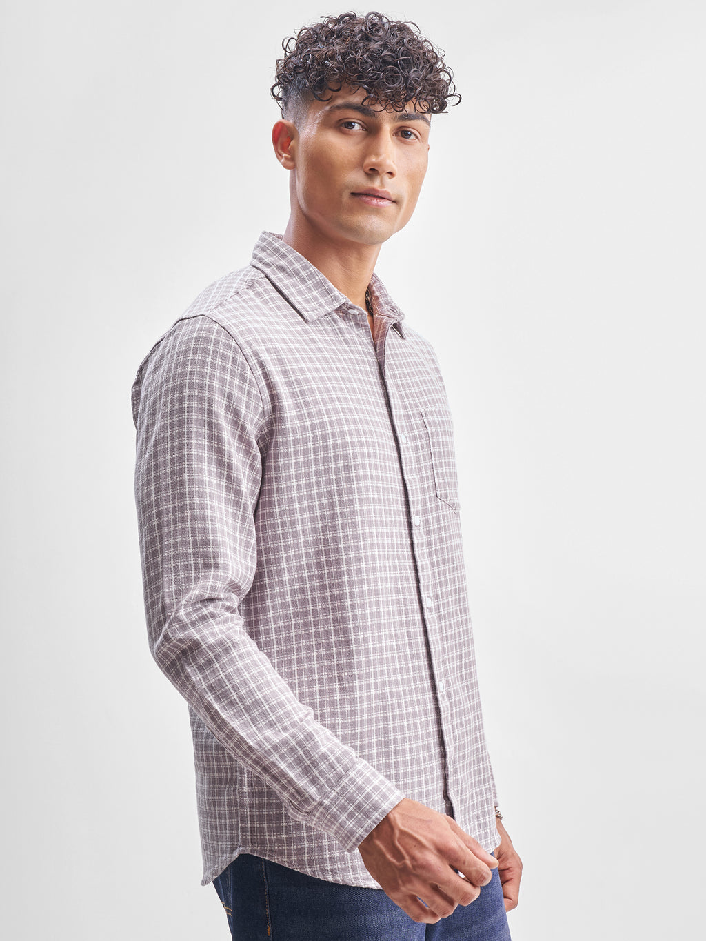 Highlander Men Cream Checked Slim Fit Casual Shirt - Cream - Image 6