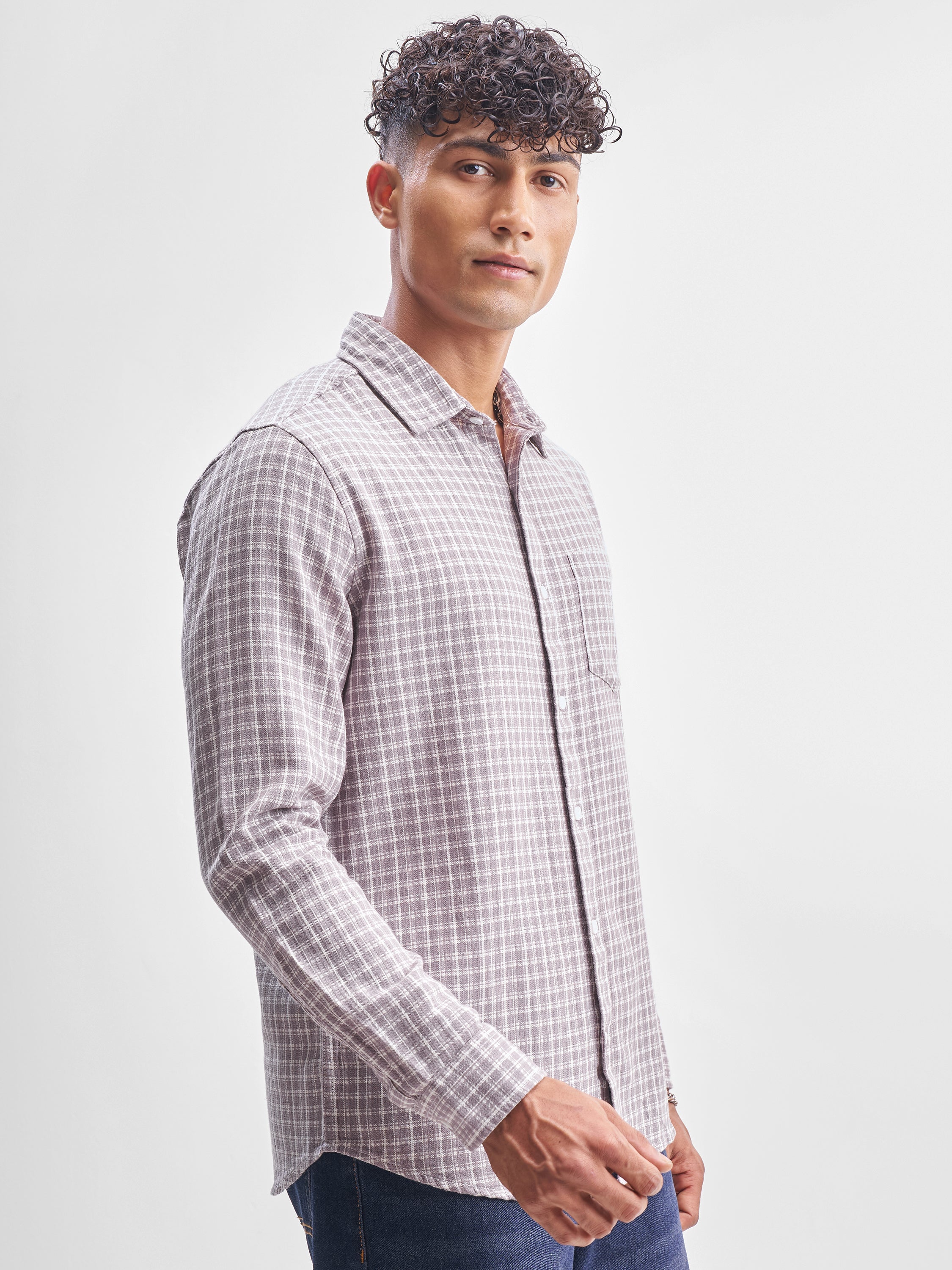 Highlander Men Cream Checked Slim Fit Casual Shirt - Cream - Image 6