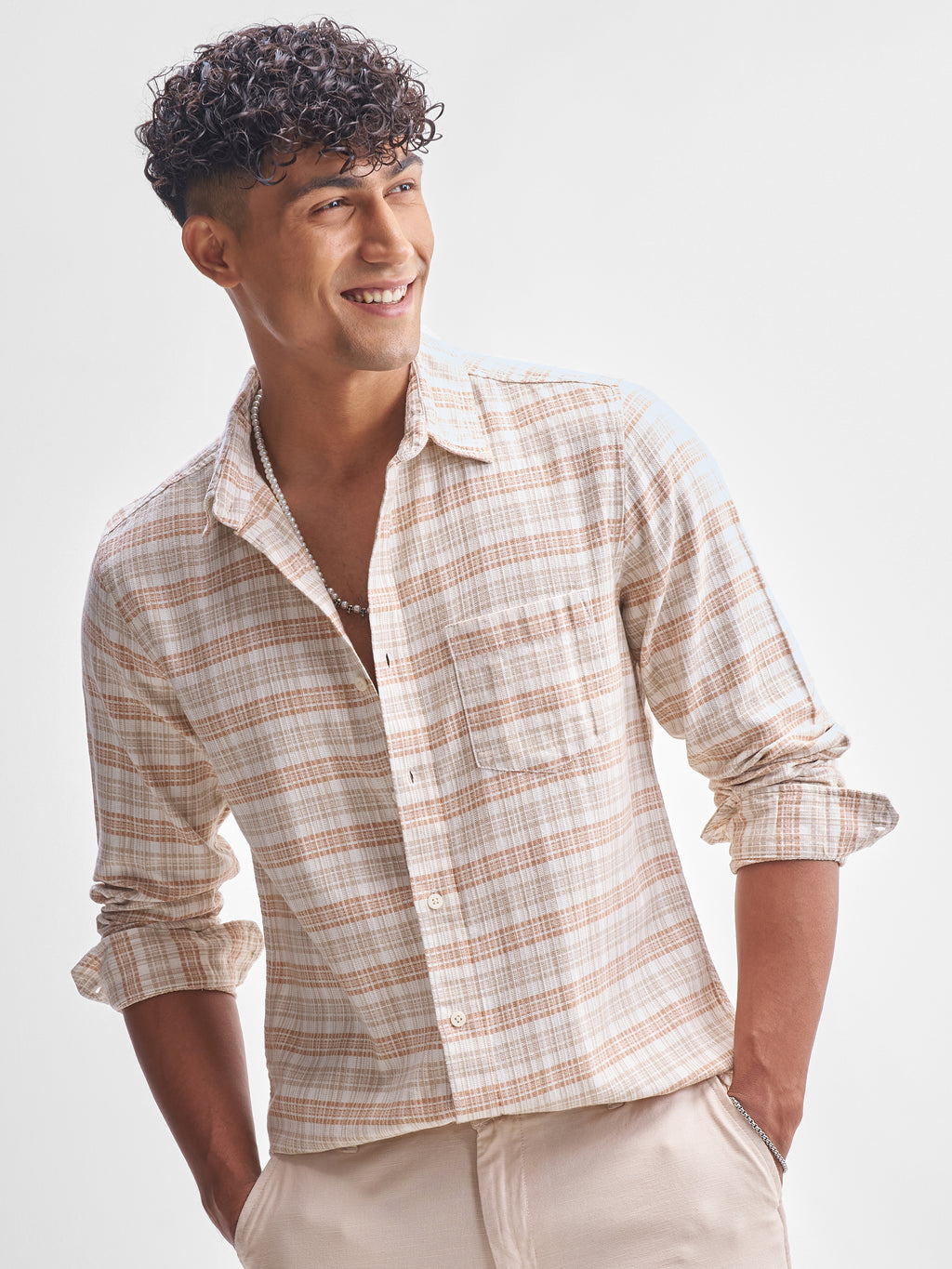 Highlander Men Beige Checked Slim Fit Casual Shirt - Beige - Image 1
