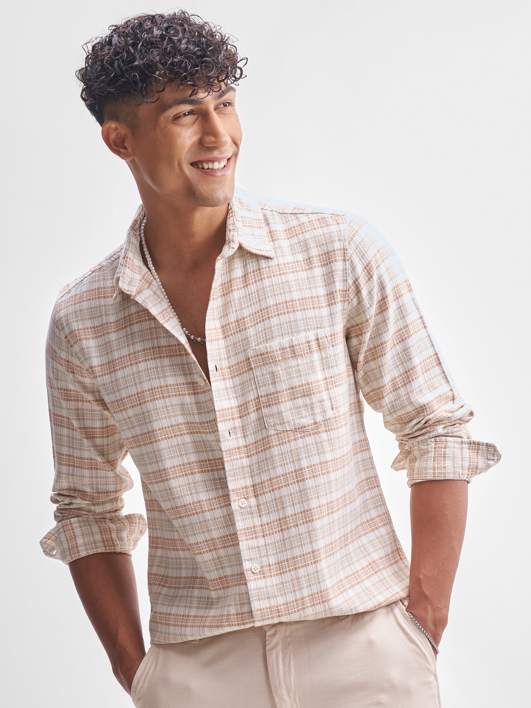 Highlander Men Beige Checked Slim Fit Casual Shirt - Beige - Image 1