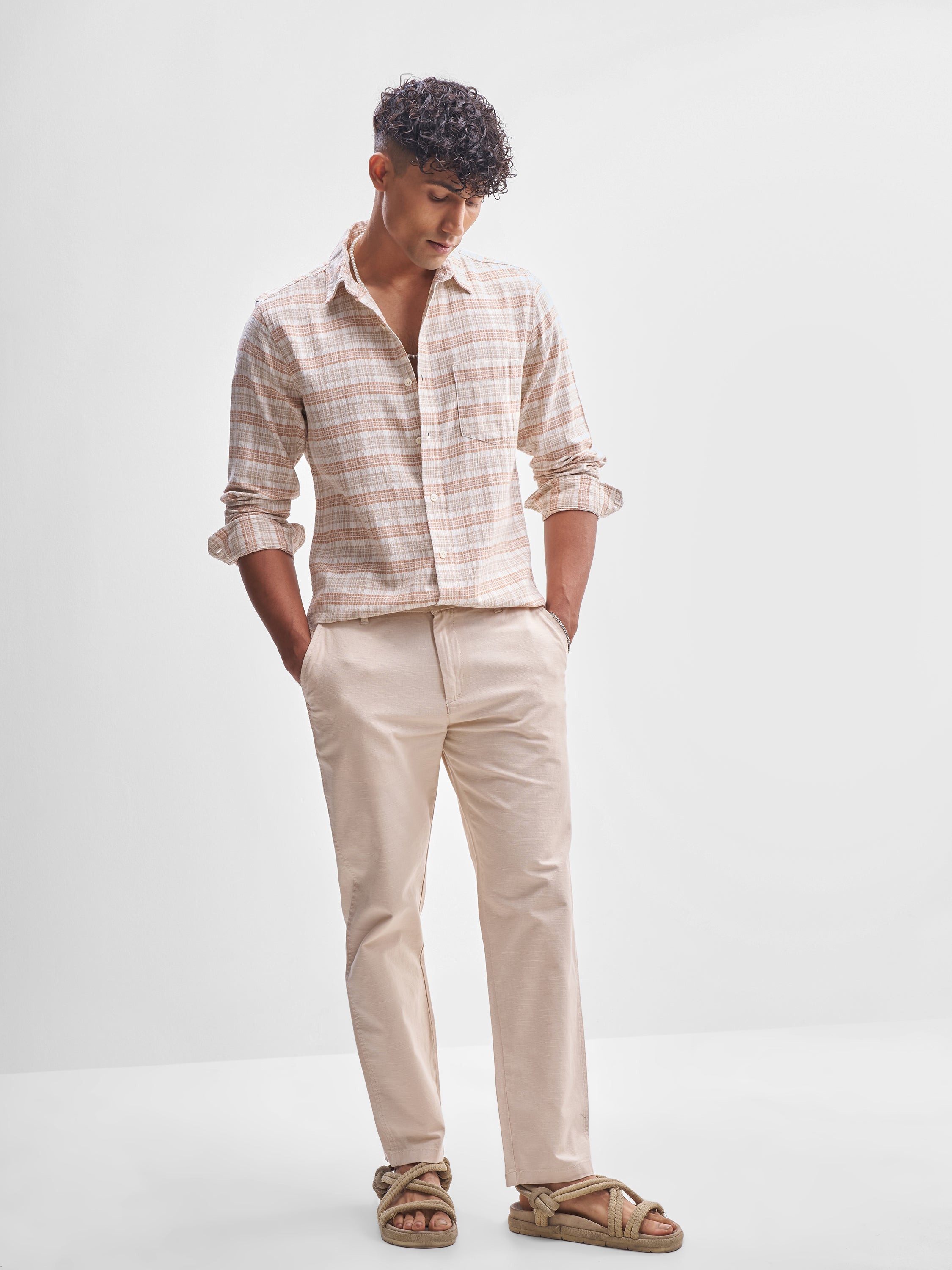 Highlander Men Beige Checked Slim Fit Casual Shirt - Beige - Image 2