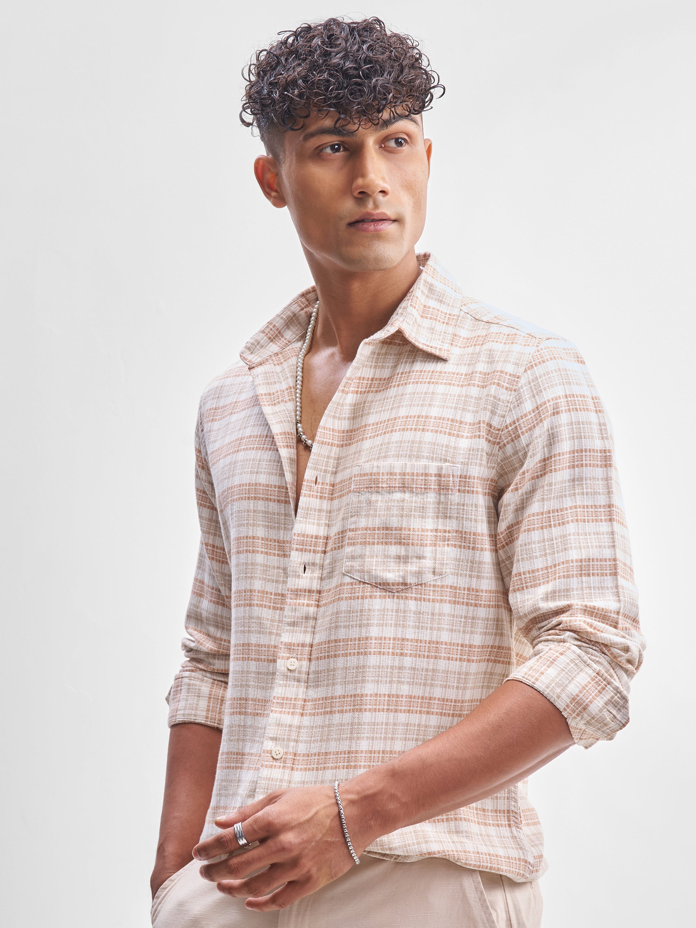 Highlander Men Beige Checked Slim Fit Casual Shirt - Beige - Image 4