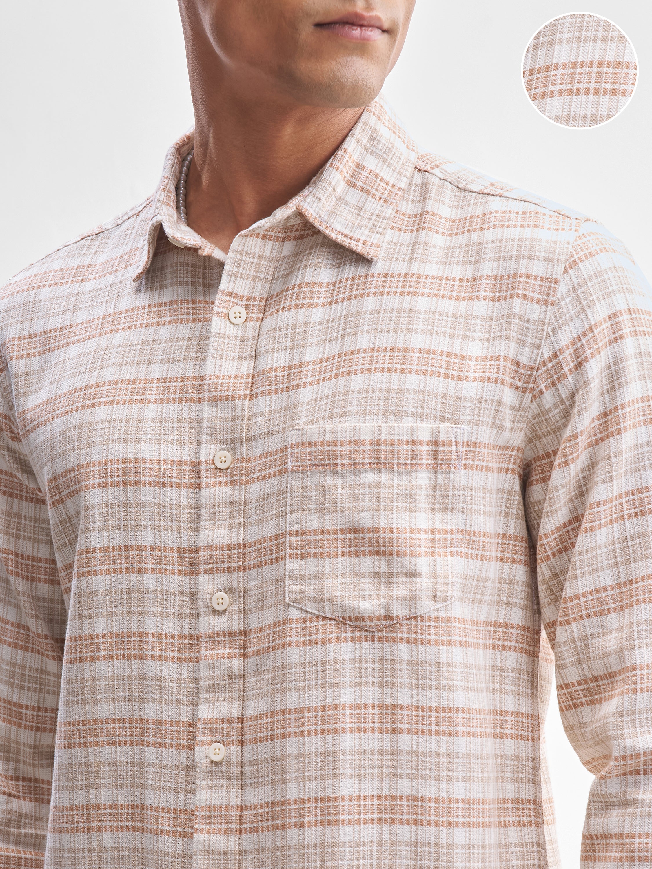 Highlander Men Beige Checked Slim Fit Casual Shirt - Beige - Image 5