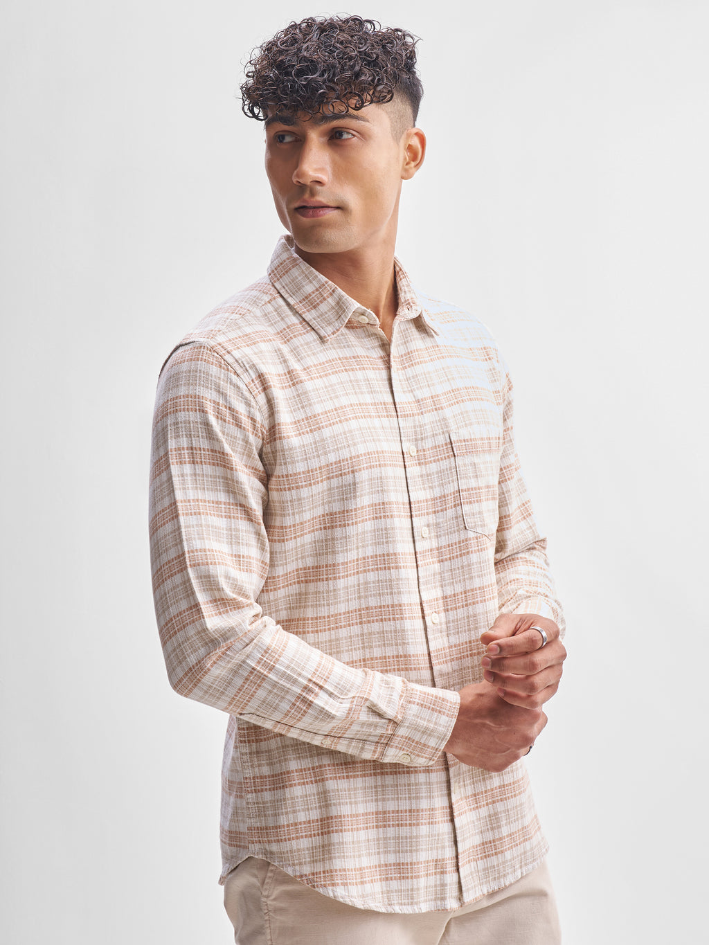 Highlander Men Beige Checked Slim Fit Casual Shirt - Beige - Image 6