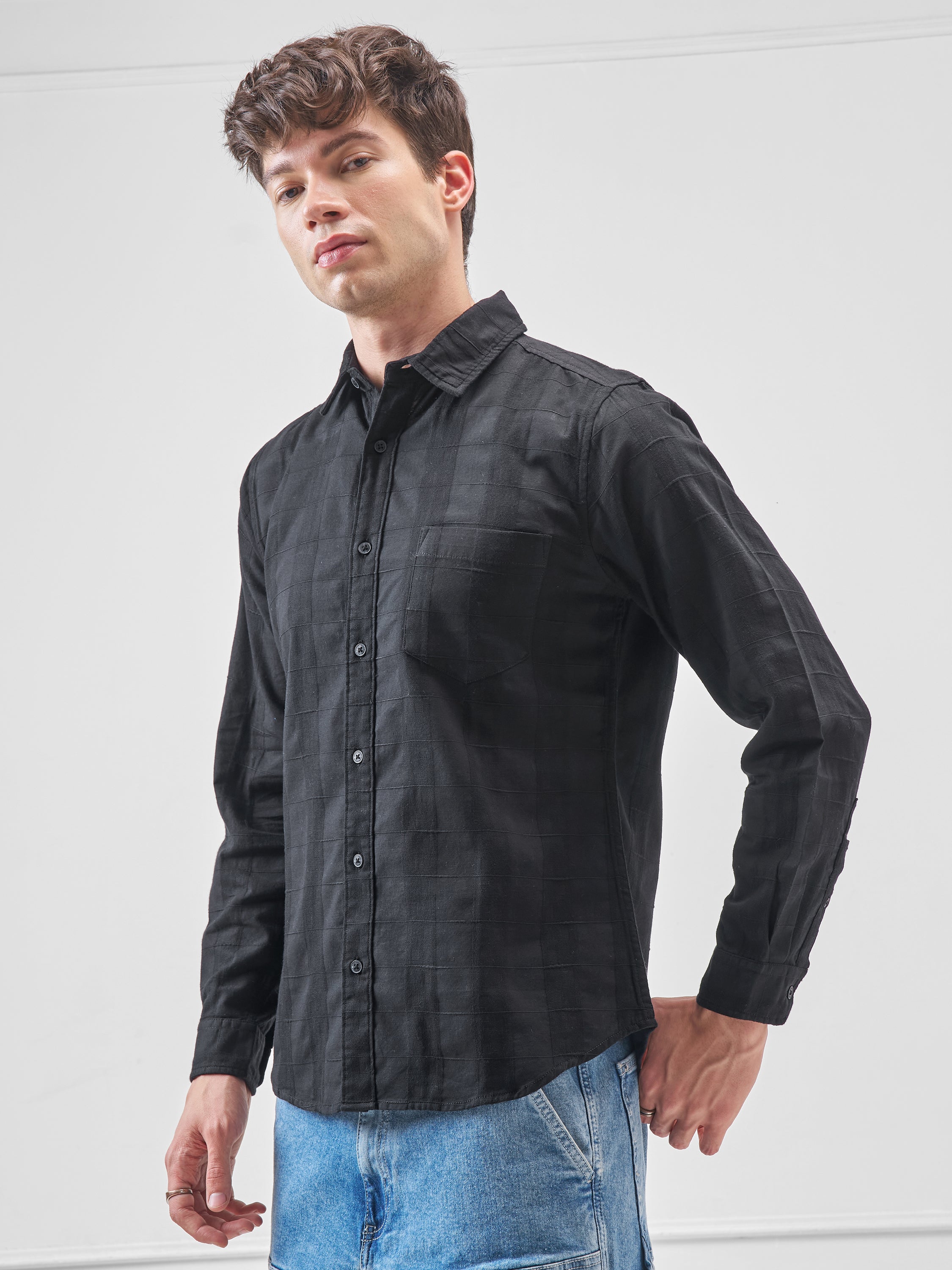 Highlander Men Black Self Design Slim Fit Casual Shirt - Black - Image 4