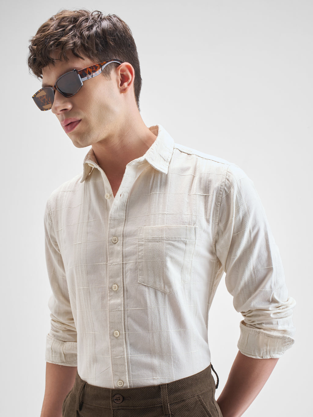 Highlander Men Off White Self Design Slim Fit Casual Shirt - Off White - Image 1