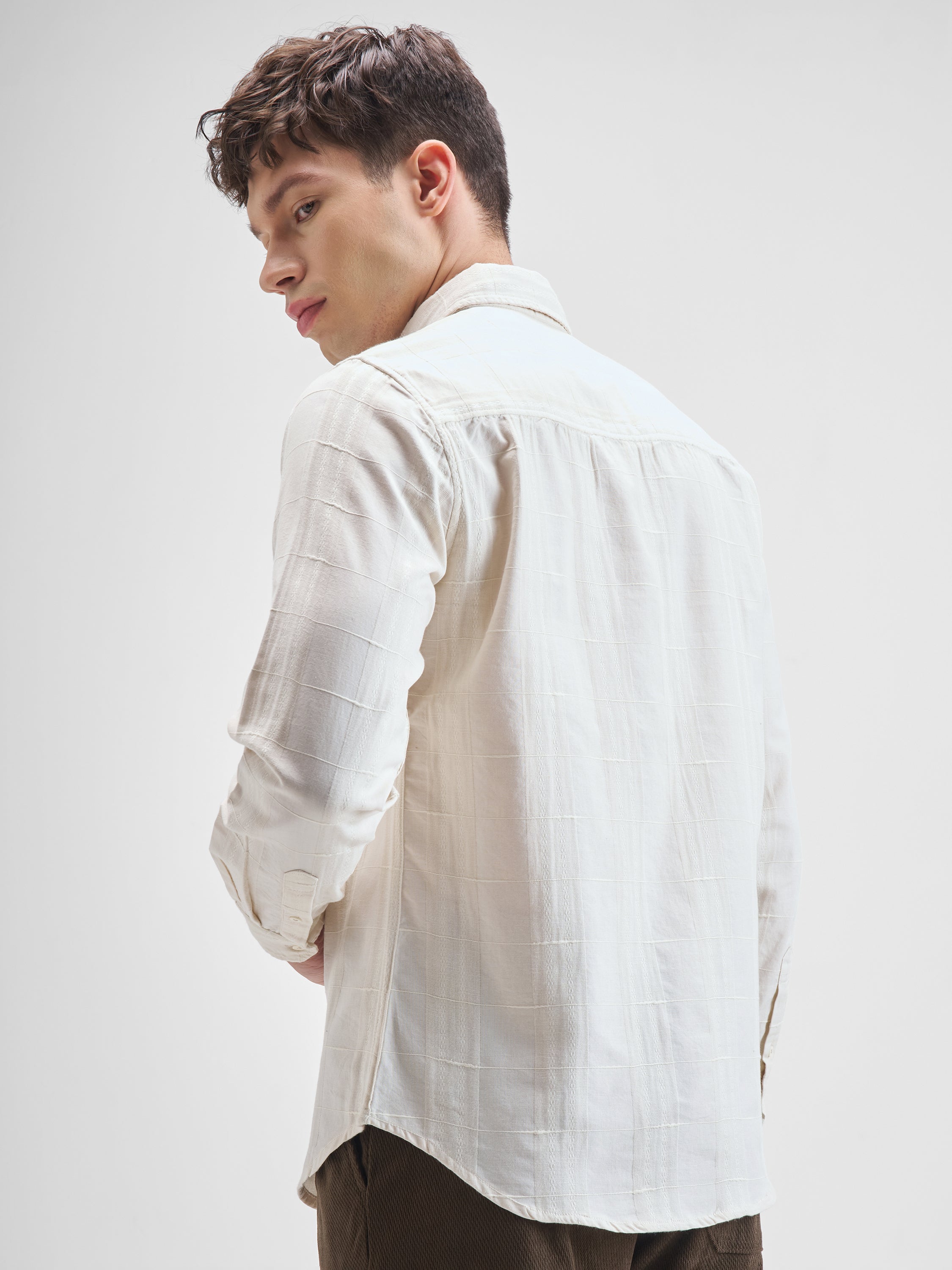 Highlander Men Off White Self Design Slim Fit Casual Shirt - Off White - Image 3