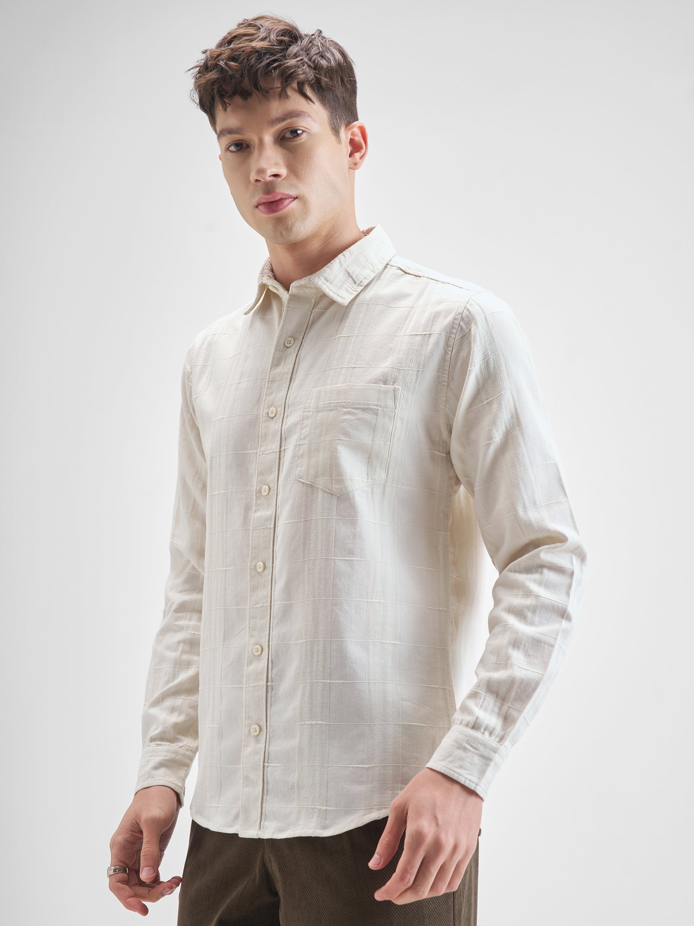 Highlander Men Off White Self Design Slim Fit Casual Shirt - Off White - Image 4