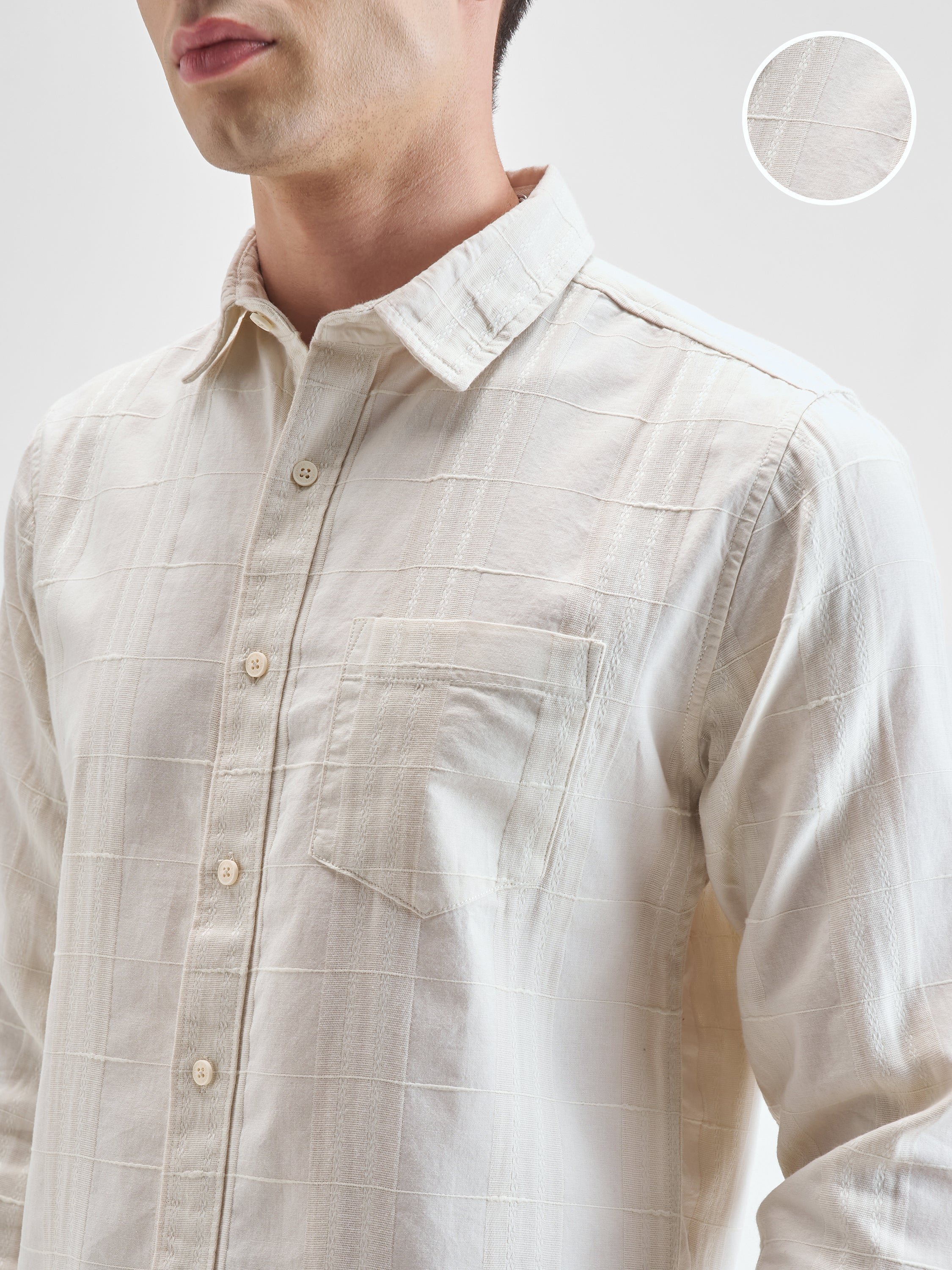 Highlander Men Off White Self Design Slim Fit Casual Shirt - Off White - Image 5