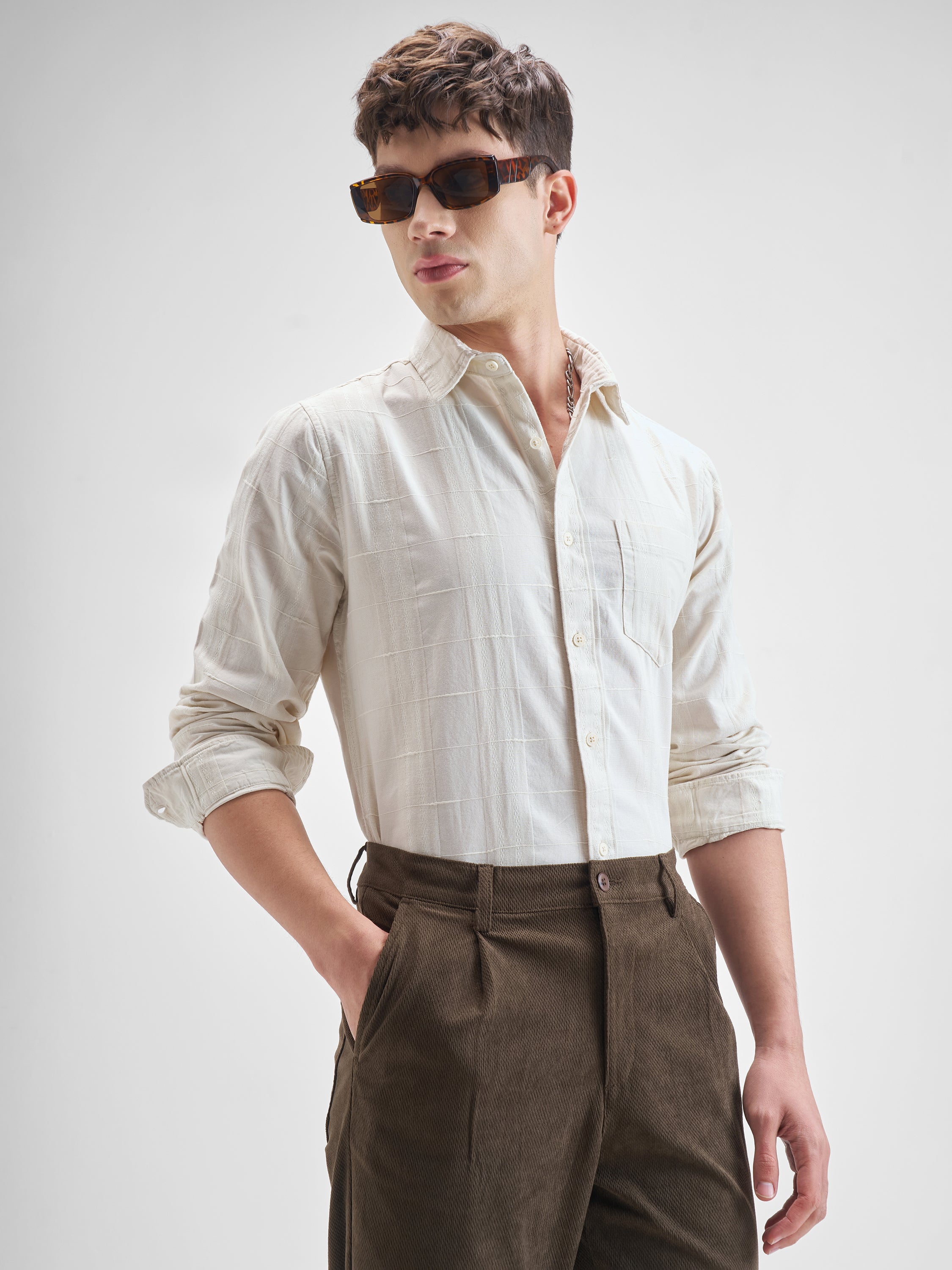 Highlander Men Off White Self Design Slim Fit Casual Shirt - Off White - Image 6