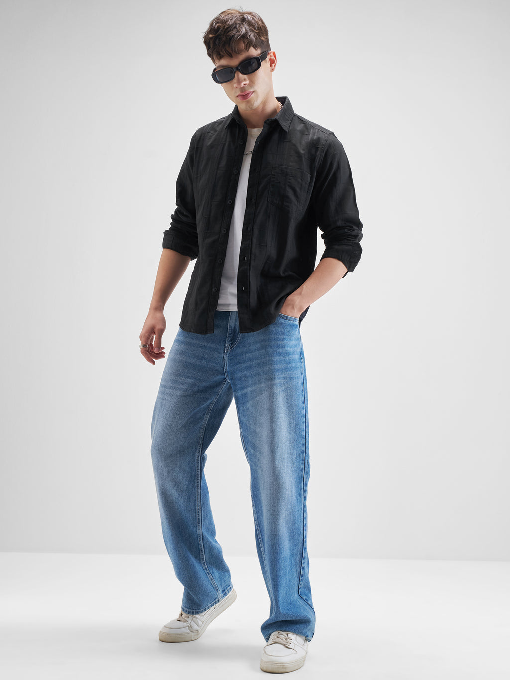 Highlander Men Black Self Design Slim Fit Casual Shirt - Black - Image 2