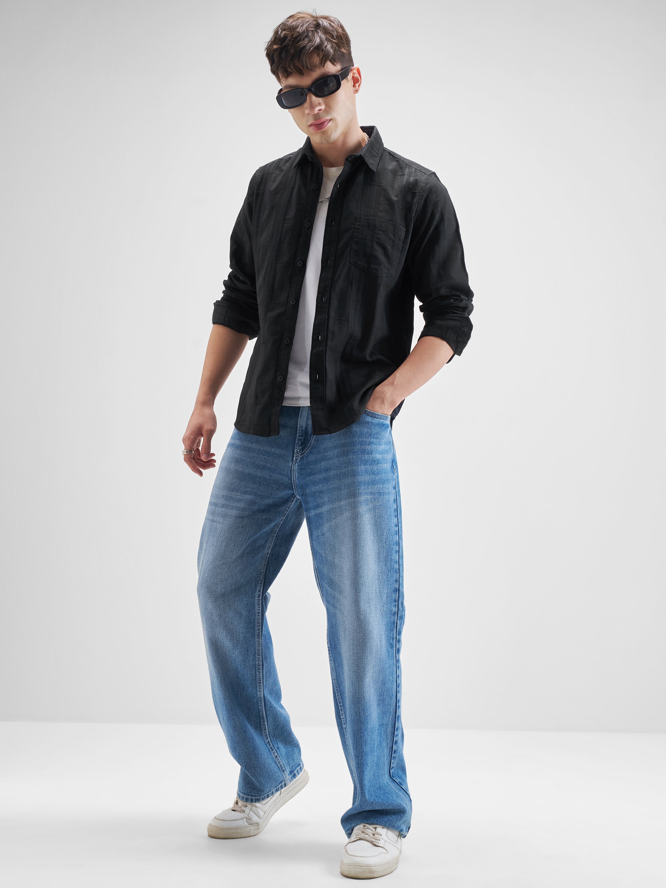 Highlander Men Black Self Design Slim Fit Casual Shirt - Black - Image 2