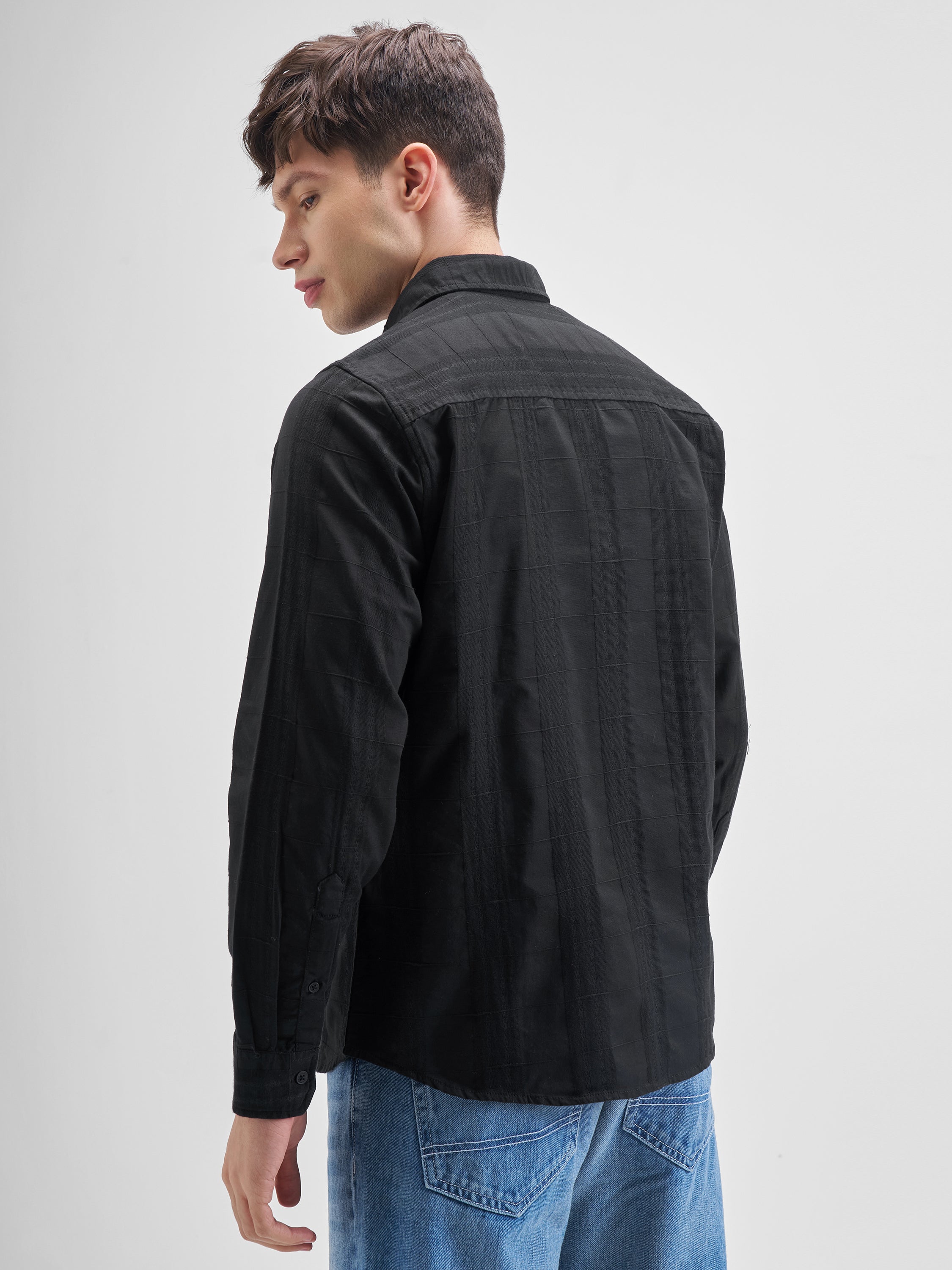 Highlander Men Black Self Design Slim Fit Casual Shirt - Black - Image 3