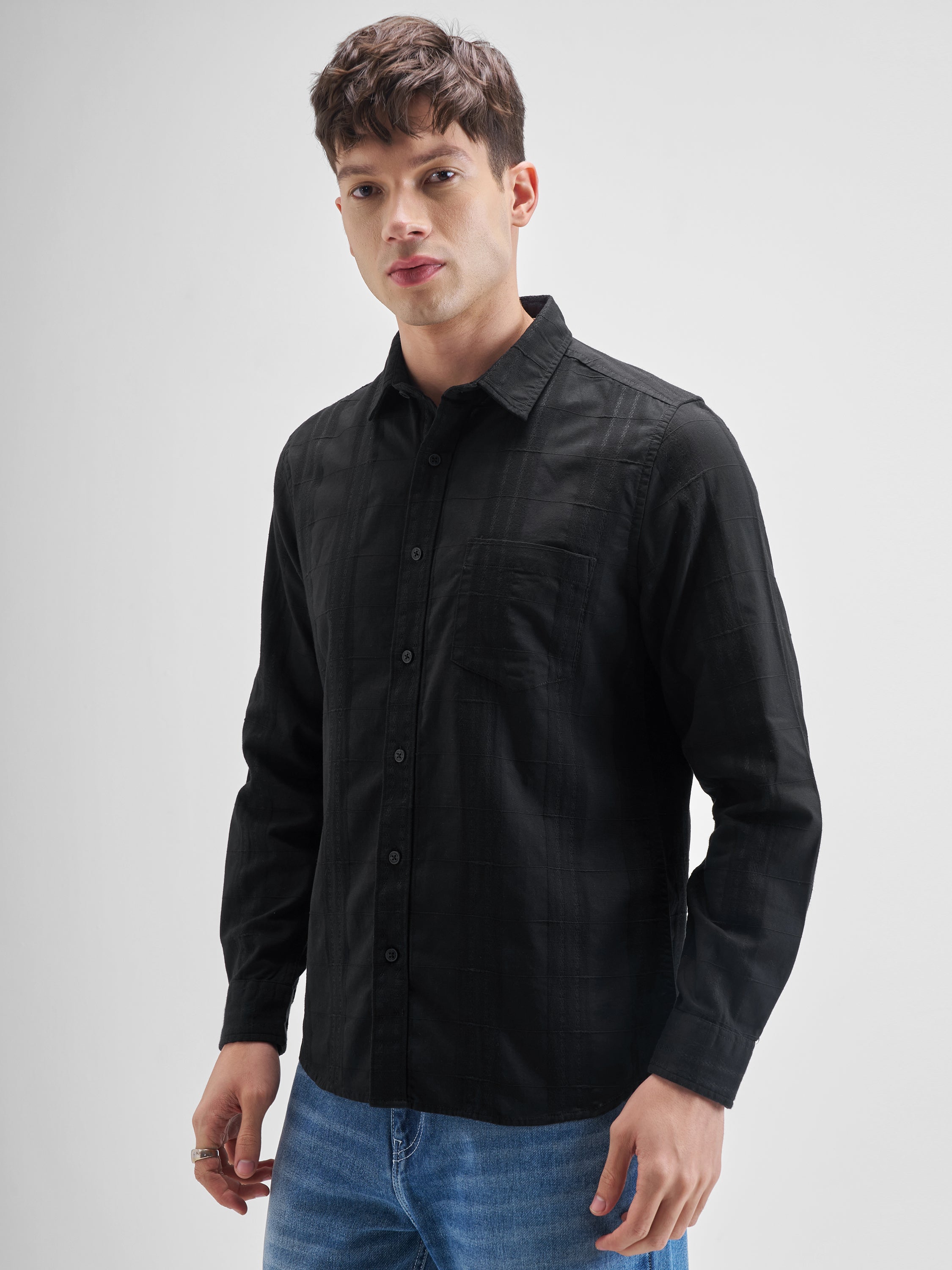 Highlander Men Black Self Design Slim Fit Casual Shirt - Black - Image 4