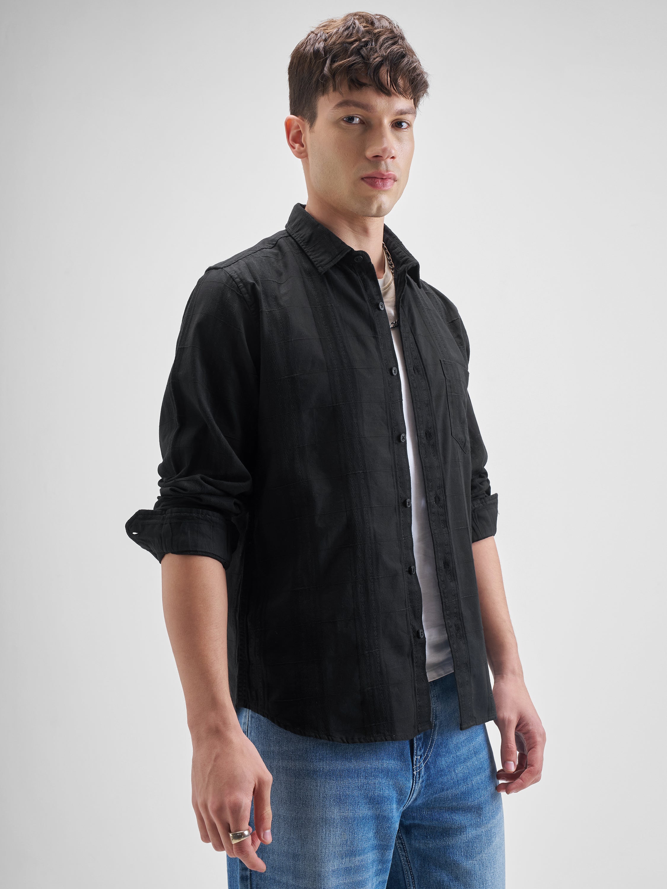 Highlander Men Black Self Design Slim Fit Casual Shirt - Black - Image 6