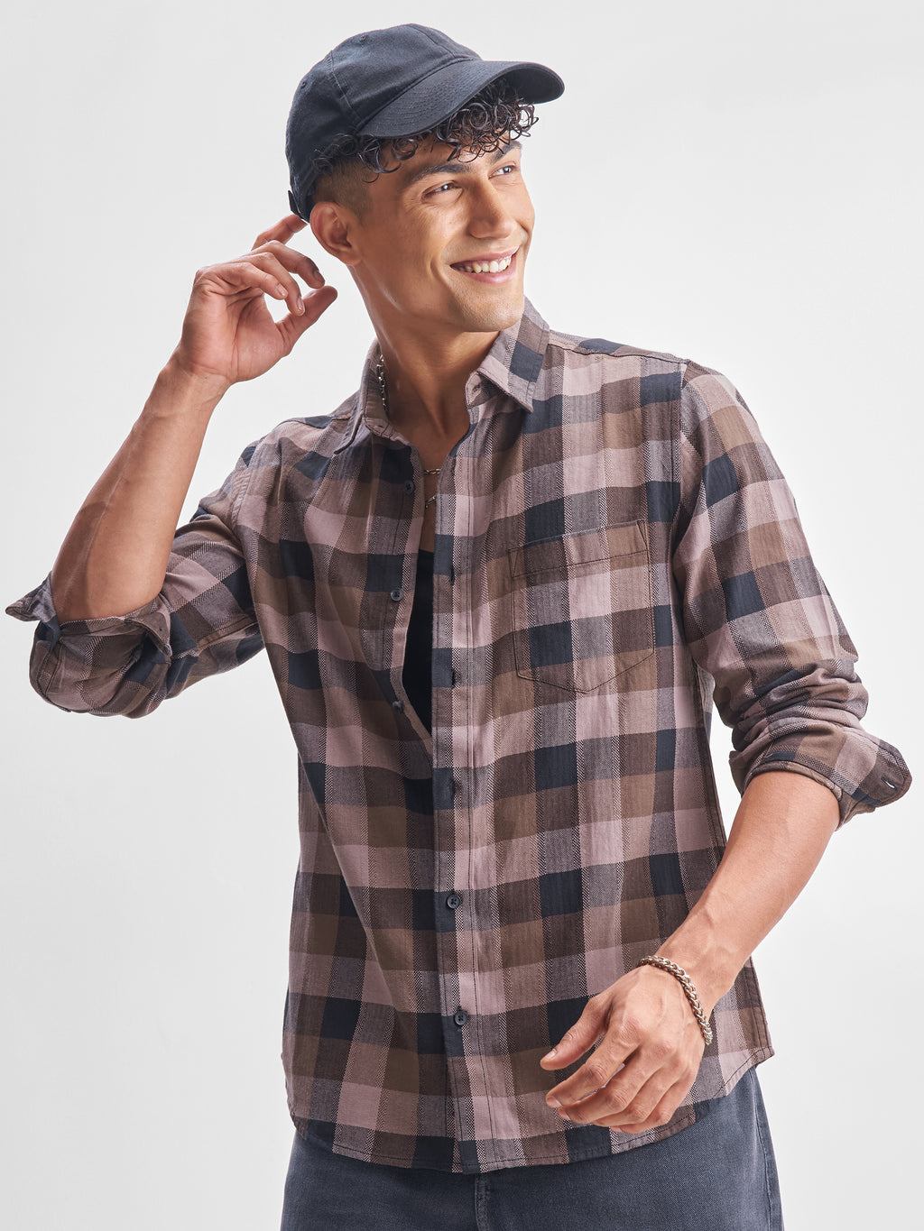 Highlander Men Brown Checked Slim Fit Casual Shirt - Brown - Image 1