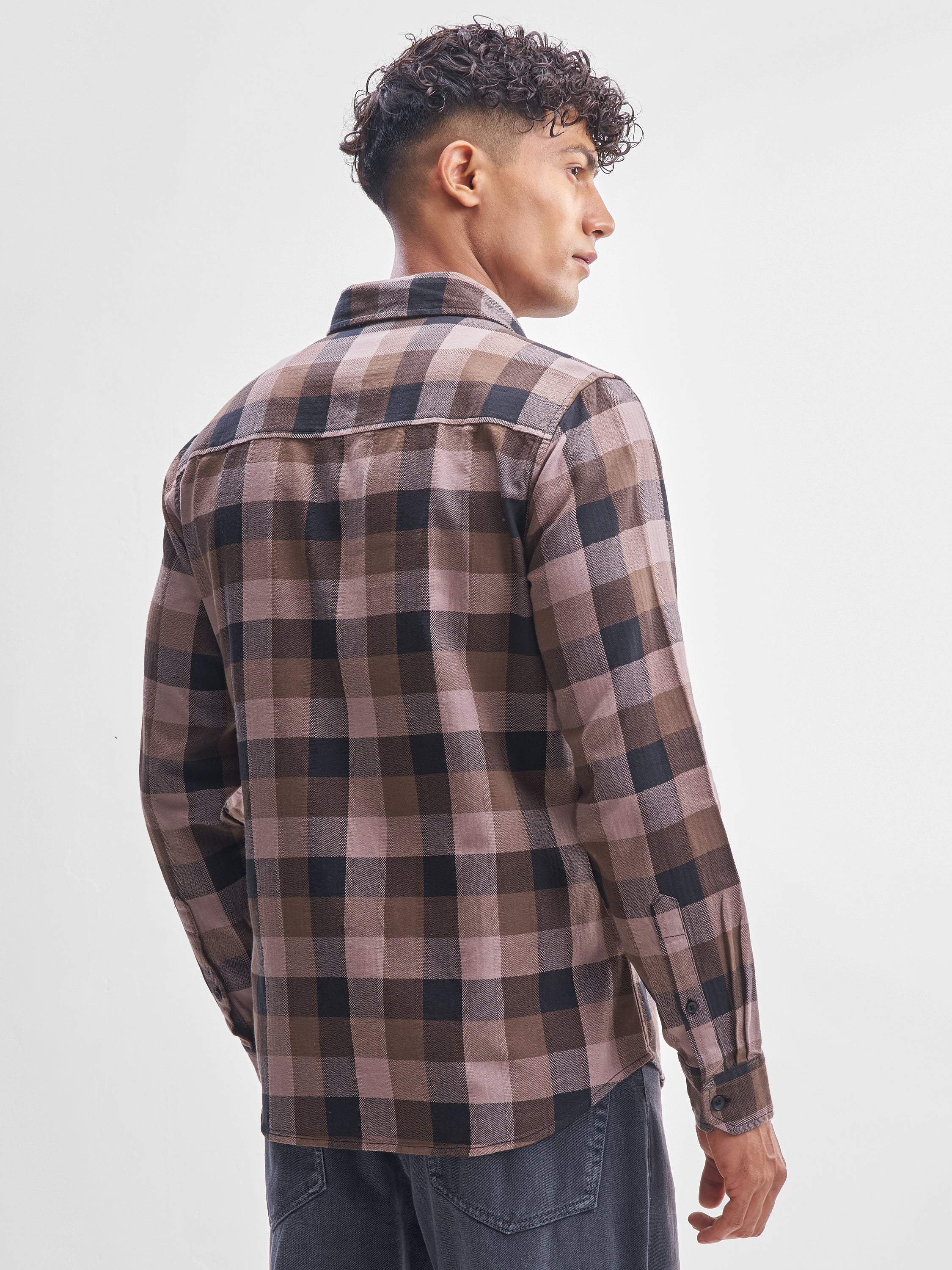Highlander Men Brown Checked Slim Fit Casual Shirt - Brown - Image 3