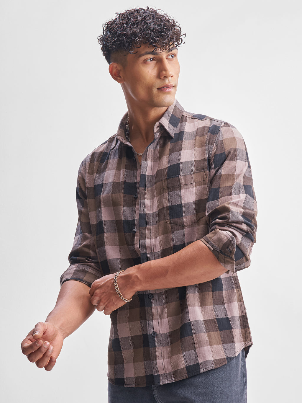 Highlander Men Brown Checked Slim Fit Casual Shirt - Brown - Image 4
