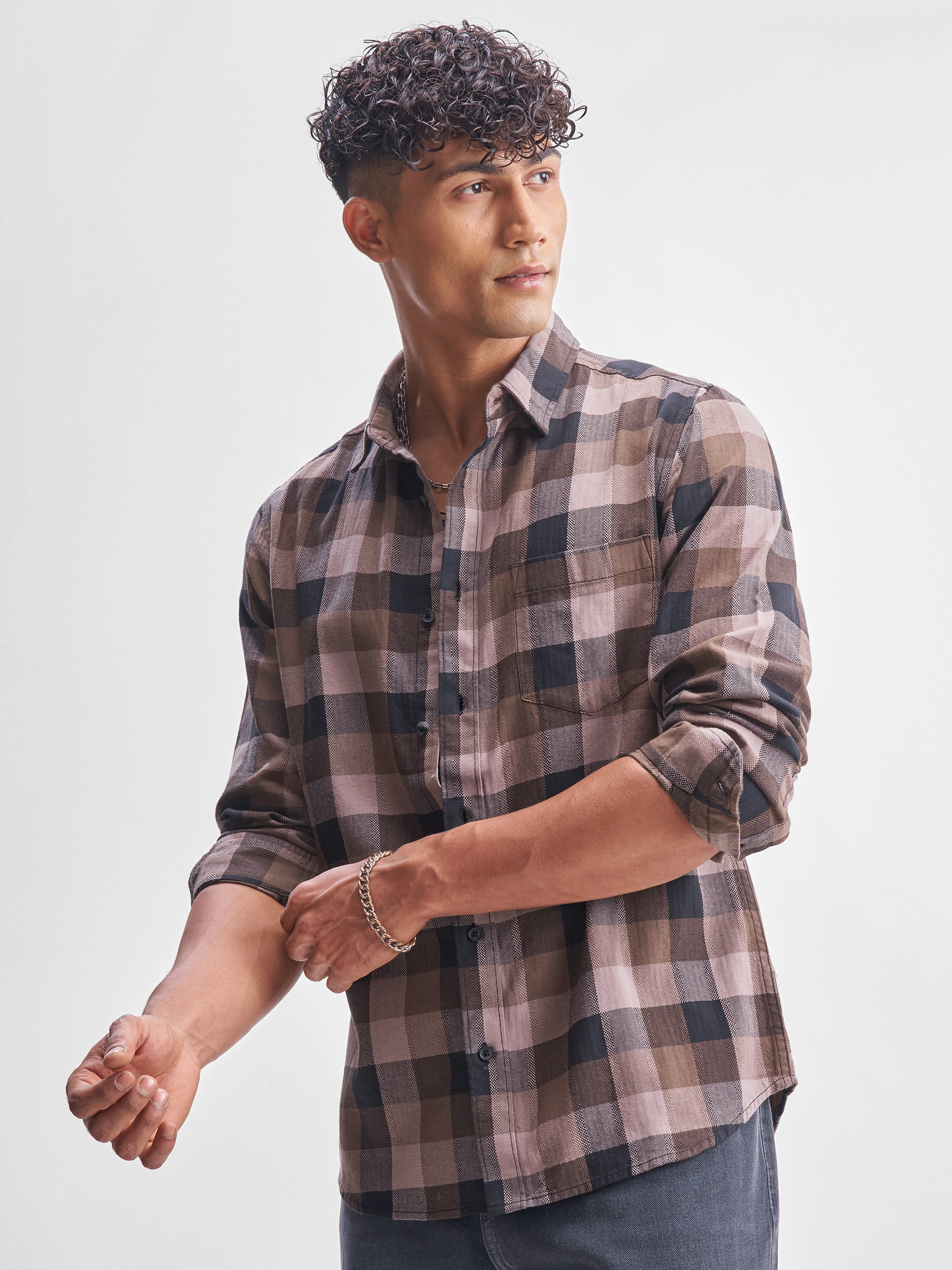 Highlander Men Brown Checked Slim Fit Casual Shirt - Brown - Image 4