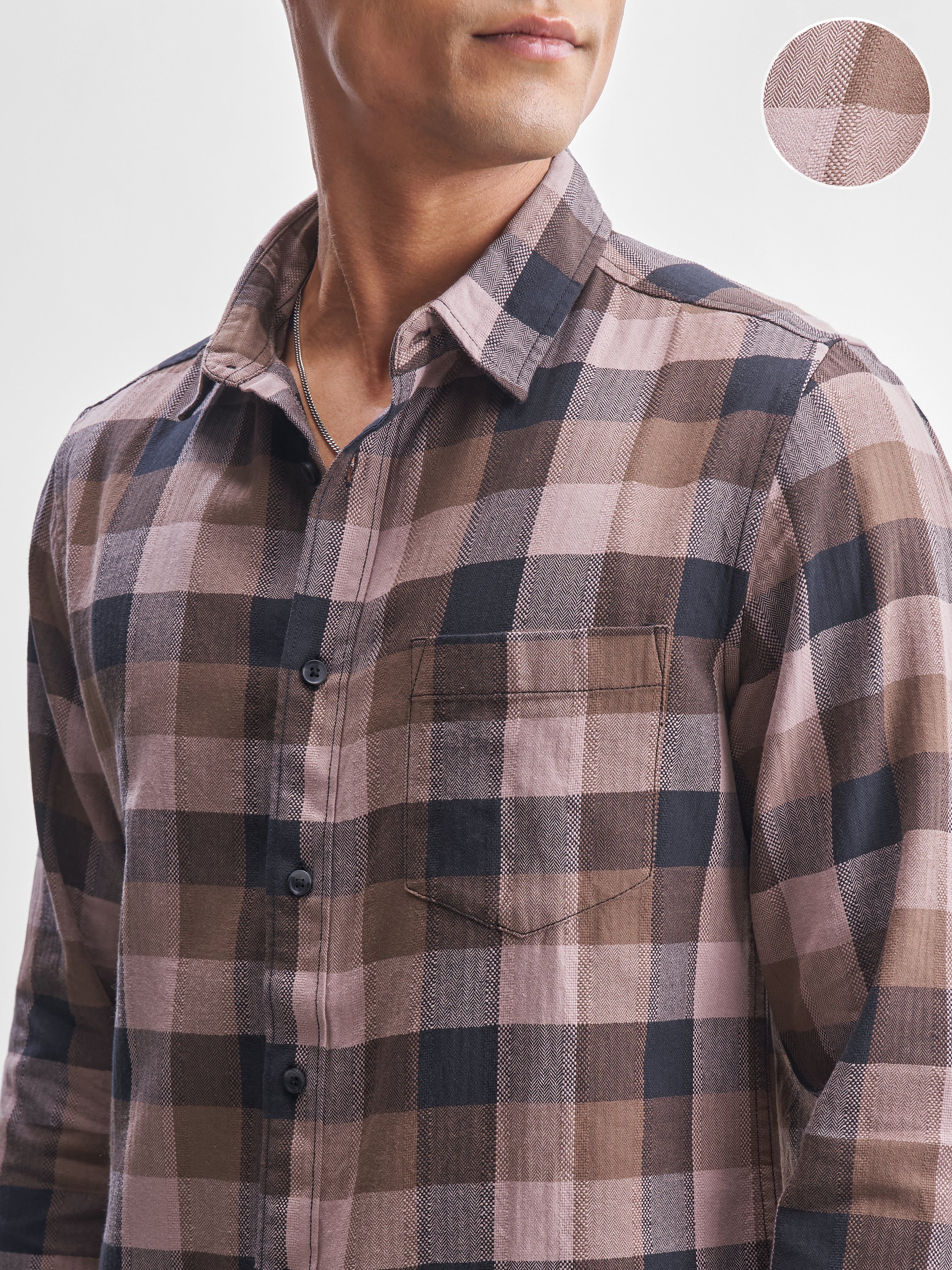 Highlander Men Brown Checked Slim Fit Casual Shirt - Brown - Image 5