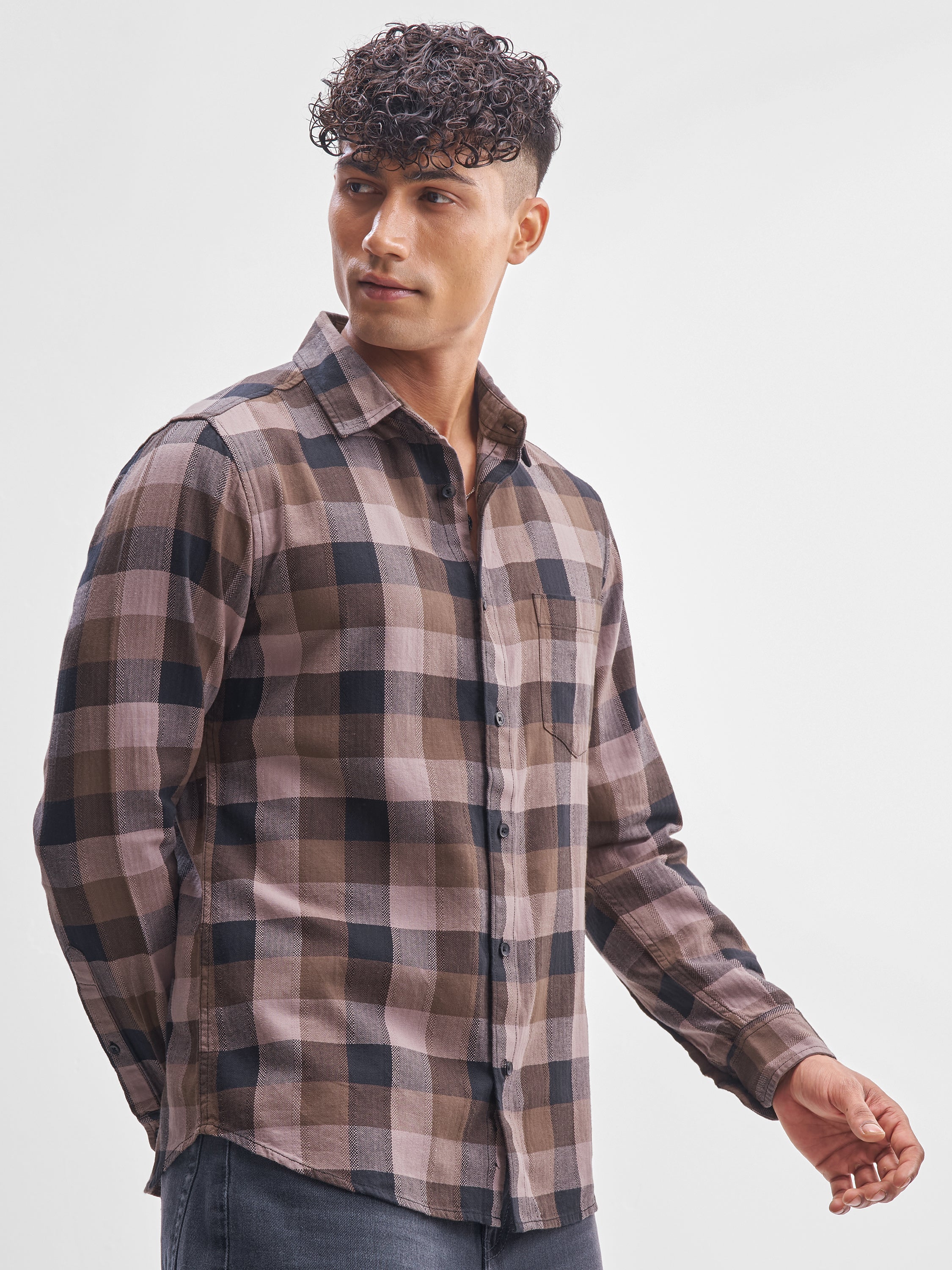 Highlander Men Brown Checked Slim Fit Casual Shirt - Brown - Image 6