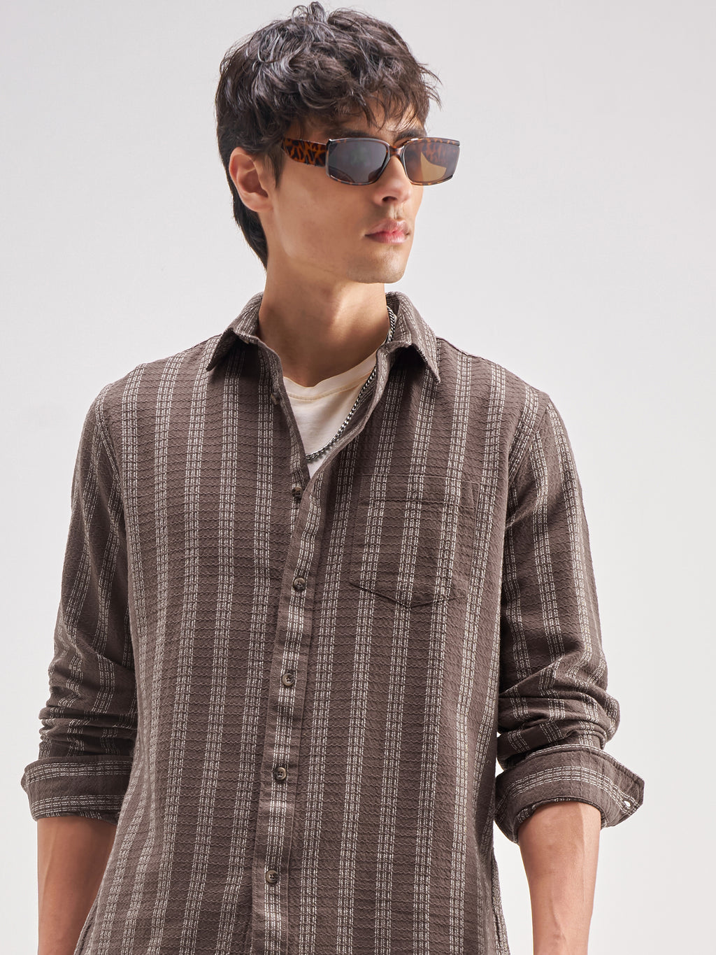 Highlander Men Brown Striped Regular Fit Casual Shirt - Brown - Image 1