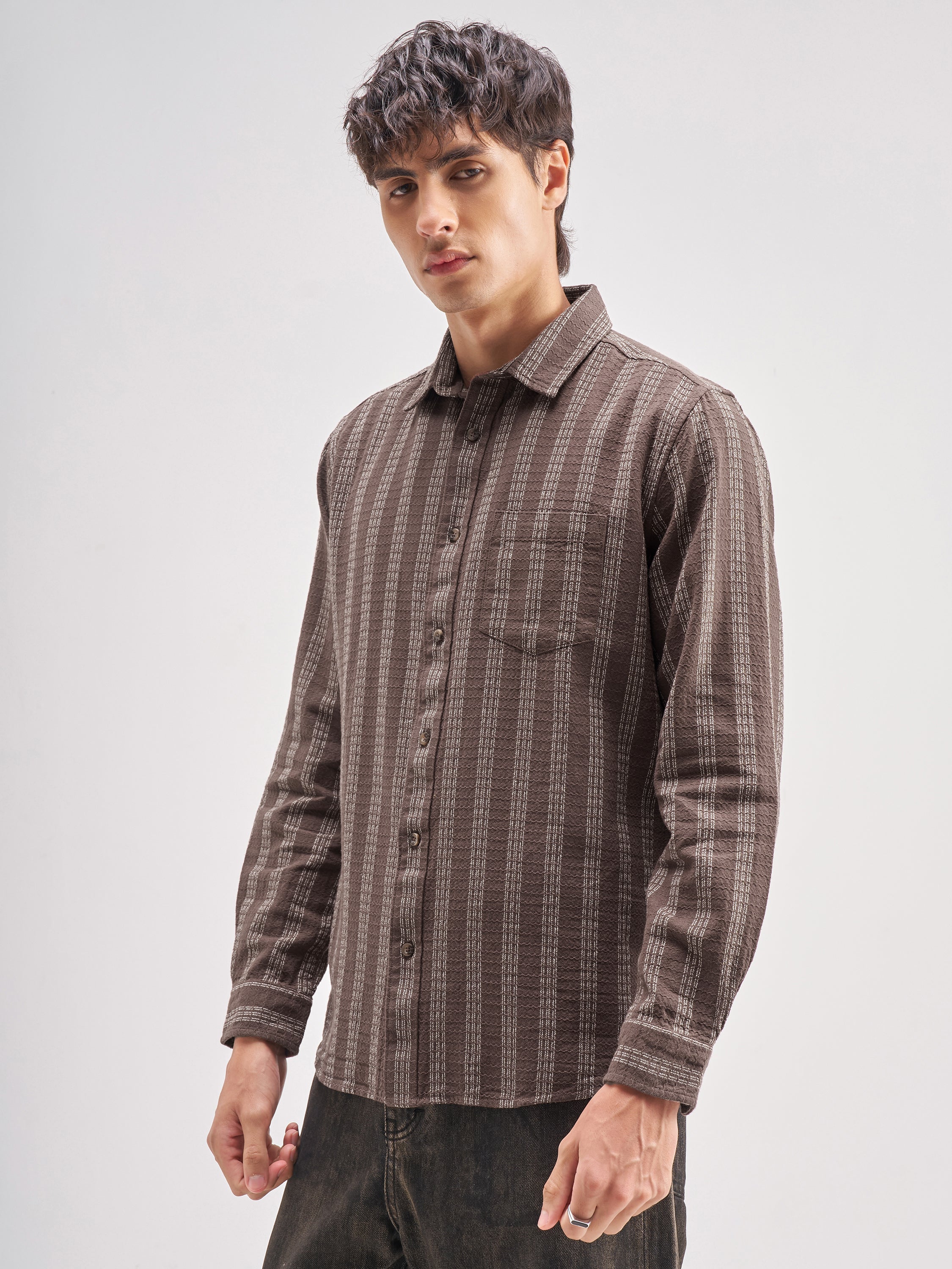 Highlander Men Brown Striped Regular Fit Casual Shirt - Brown - Image 4