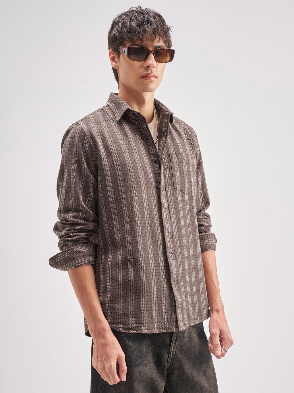 Highlander Men Brown Striped Regular Fit Casual Shirt - Brown - Image 6